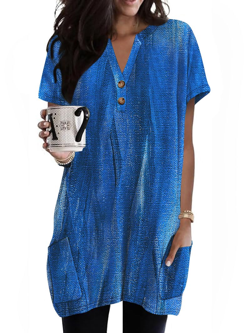Naggoo Summer Womens Tunic Tops for Leggings with Pockets Button V Neck Short Sleeve Casual Long T Shirts S-3XL
