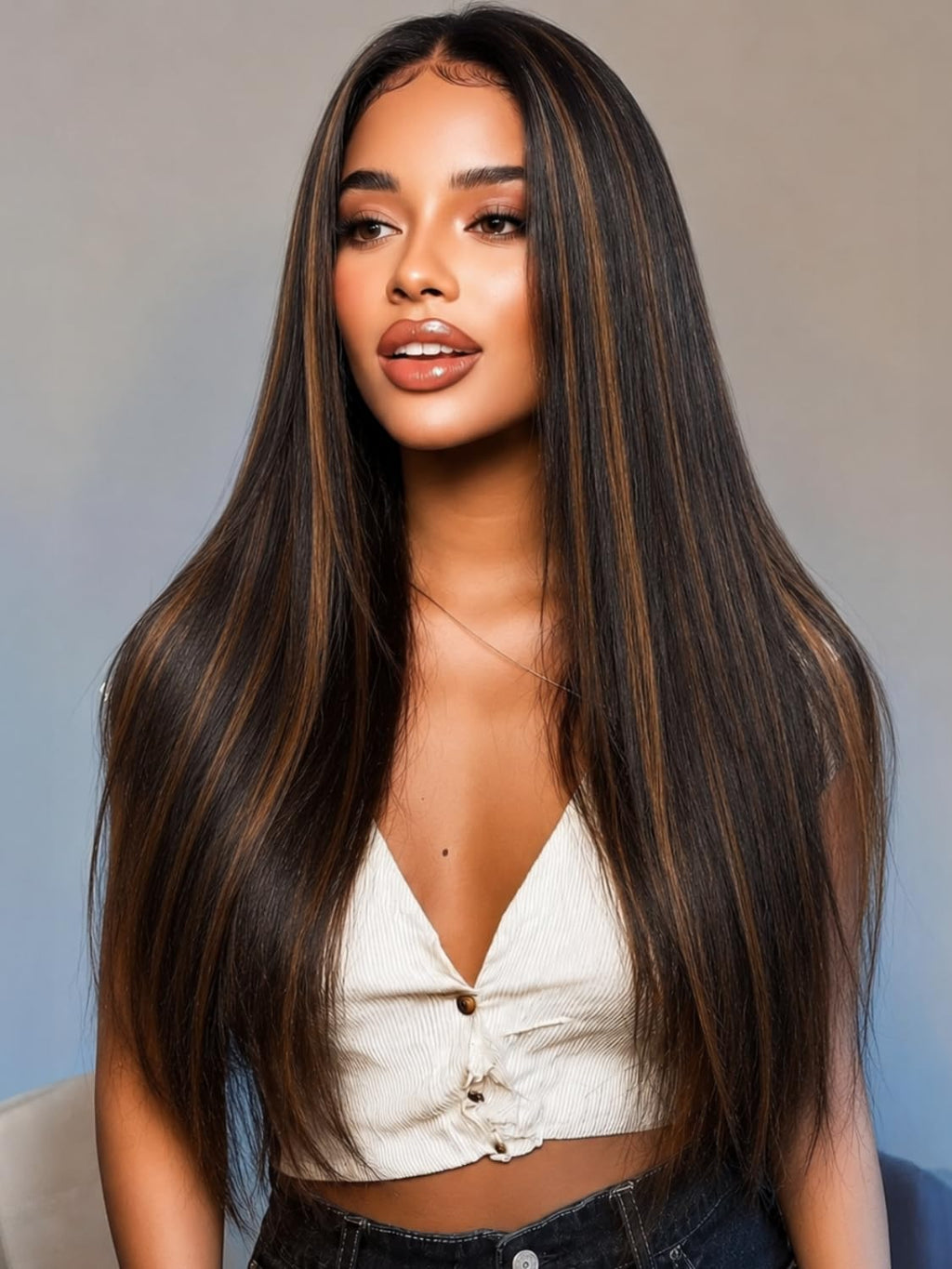 Golden Brown Highlight Glueless Yaki Straight Precut 7x5 Lace Front Wigs Human Hair Drawstring Ombre Pre Plucked Bleached Knots 30S Ready to Wear and Go Wig with Dark Roots 16Inch