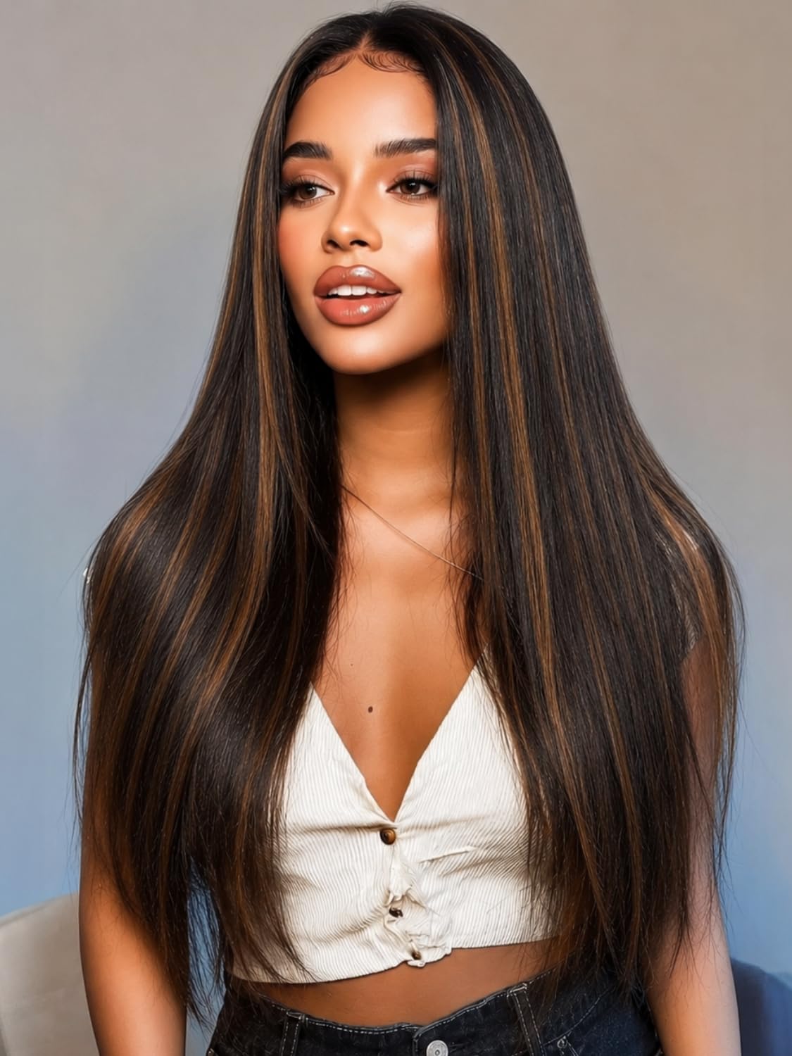 Golden Brown Highlight Glueless Yaki Straight Precut 7x5 Lace Front Wigs Human Hair Drawstring Ombre Pre Plucked Bleached Knots 30S Ready to Wear and Go Wig with Dark Roots 16Inch