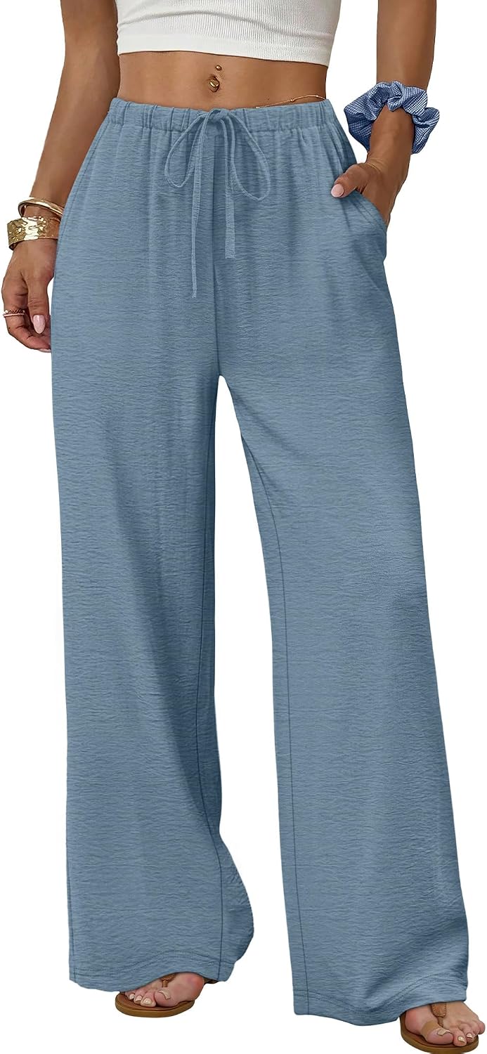 Wide Leg Pants for Women Flowy Palazzo Drawstring Elastic Waist Trousers with Pockets Summer Beach Vacation Clothes