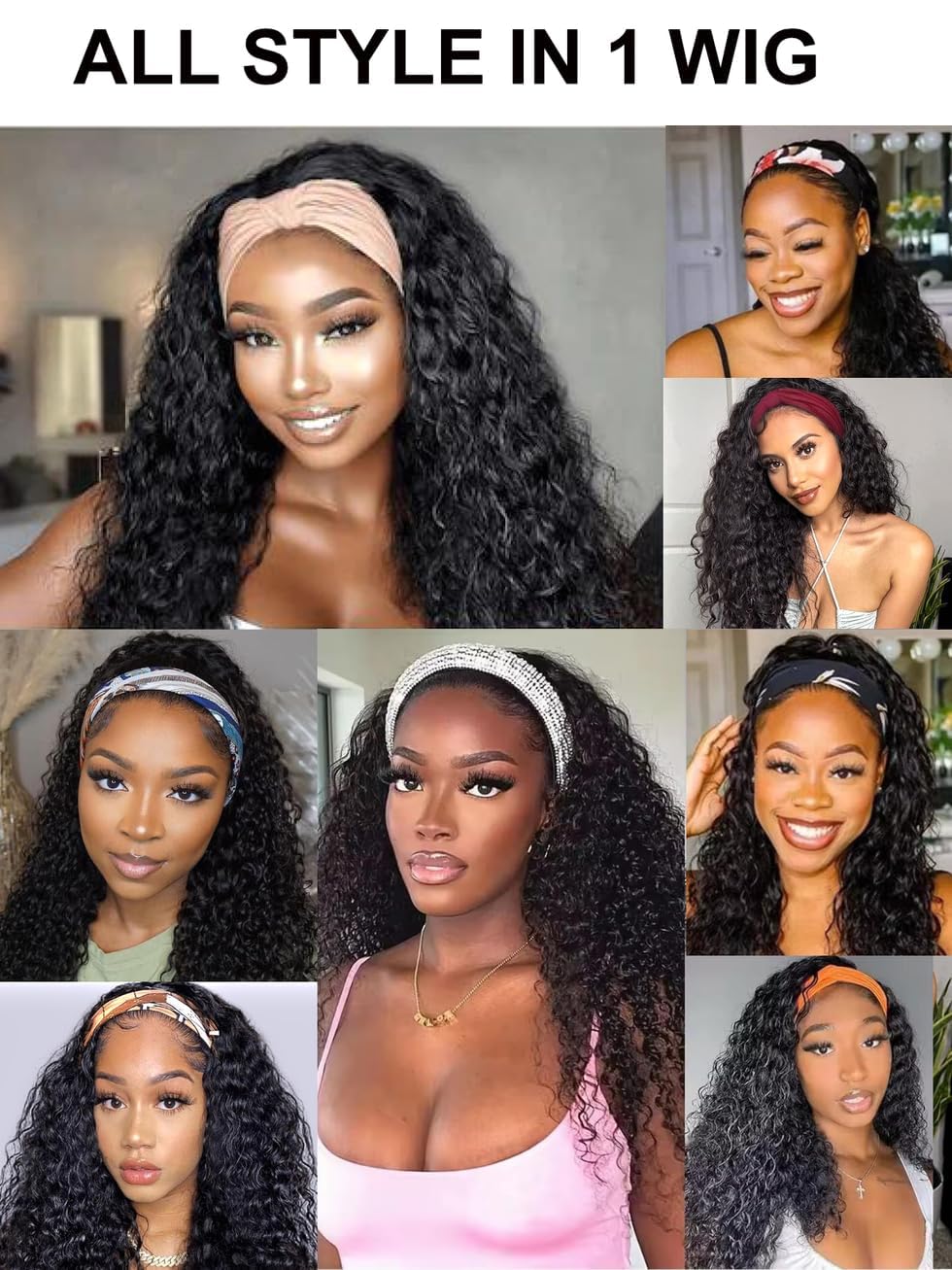Water Wave Headband Wig Human Hair with Drawstring No-Slip Glueless Headband Half Human Hair Wig 150% Density Natural Black 26 inch