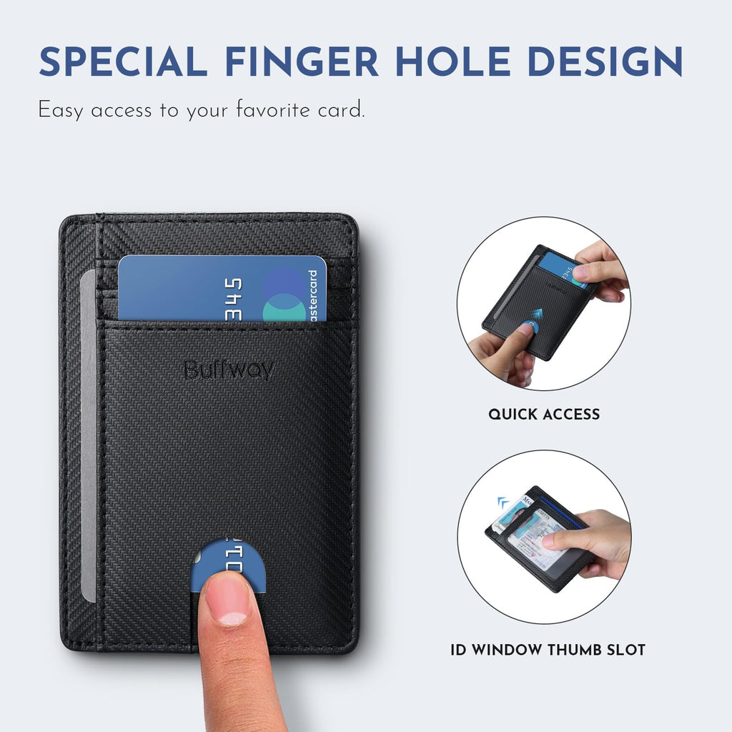 Slim Minimalist Front Pocket RFID Blocking Leather Wallets for Men and Women - Carbon Fiber Black