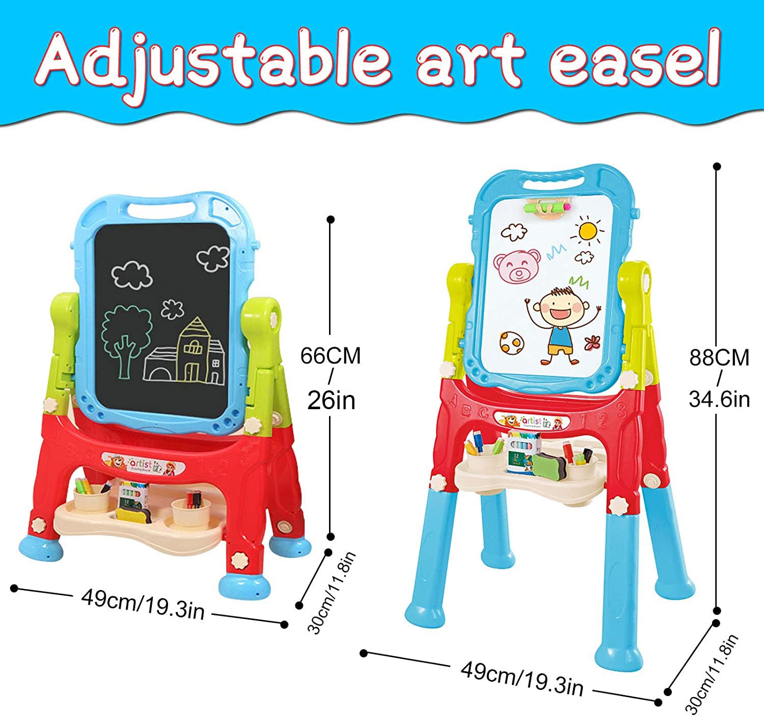 Mojitodon Art Easel for Kids, Adjustable Standing Rotatable Double Sided Easel with Painting Accessories for Toddlers Boys and Girls-Pink