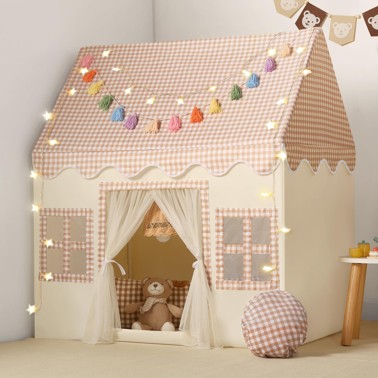 Kids Play Tent Indoor: with Mat, Tassel Garland, Star Lights - Girl Tent Indoor Playhouse for Kids Toys for Boy Girl Birthday Gift