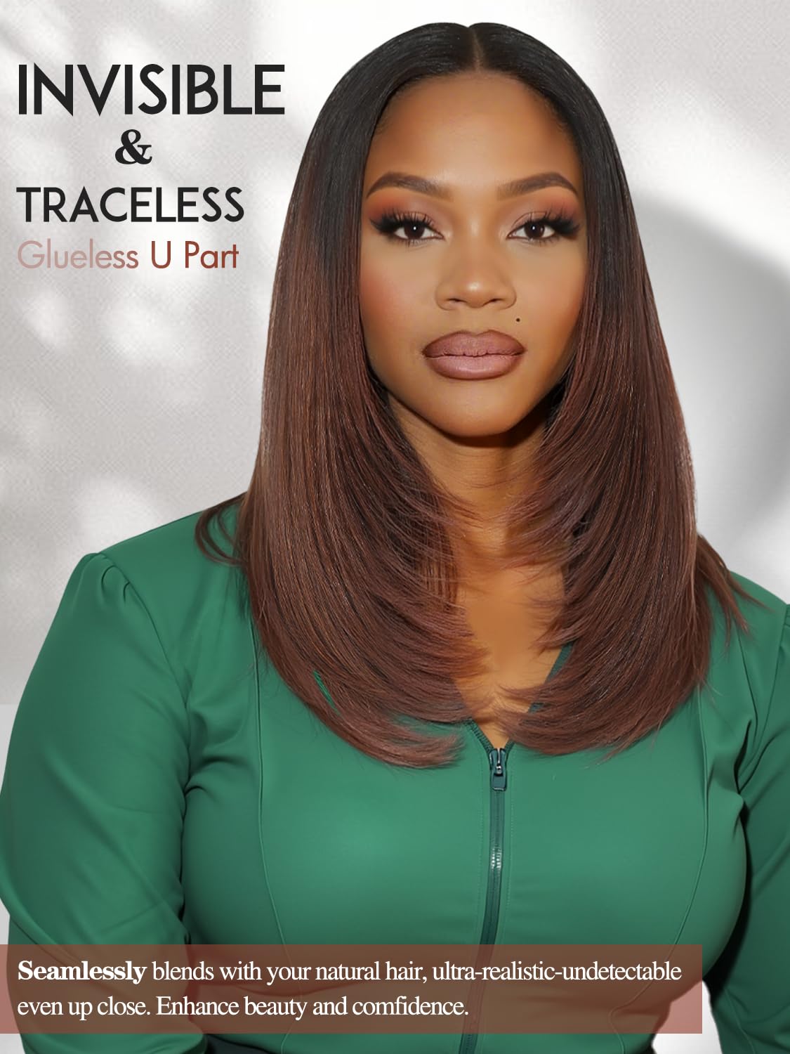 Yaki Straight Layered U Part Wigs V Part Glueless Clip in Half Wigs for Women Realistic Natural Looking Heat Resistant Synthetic Hair(24inch,Natural Black)
