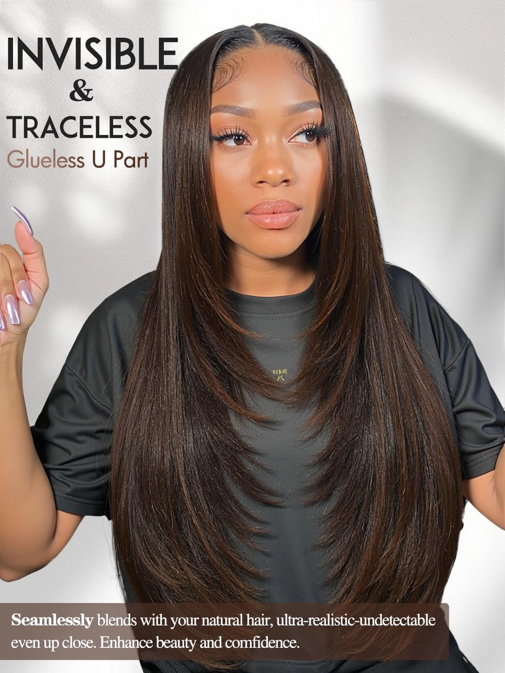 Yaki Straight Layered U Part Wigs V Part Glueless Clip in Half Wigs for Women Realistic Natural Looking Heat Resistant Synthetic Hair(24inch,Natural Black)