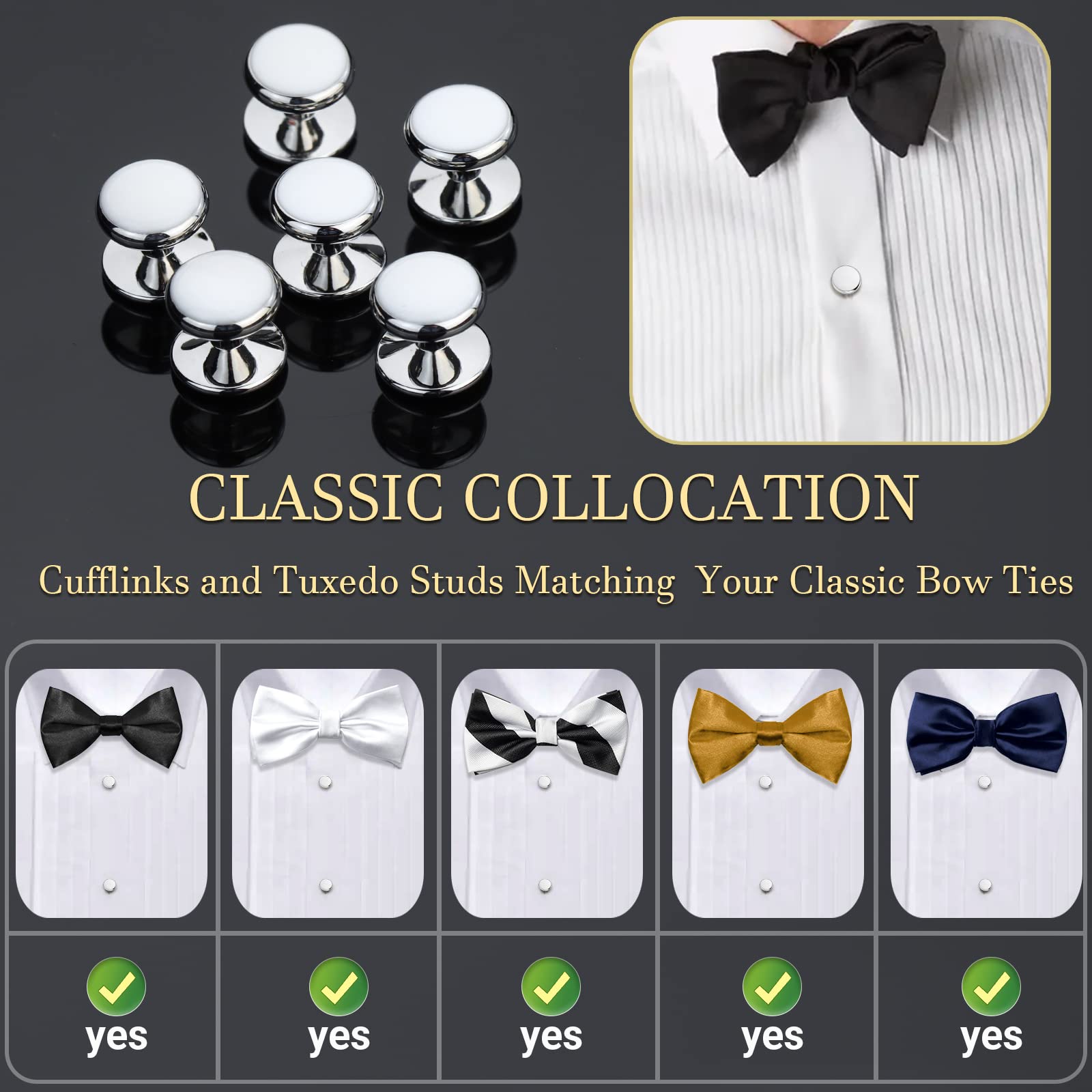 Men’s Cufflinks and Tuxedo Studs Set with Gift Box; Men’s Jewelry or Accessories Suitable for Black Suit White Shirts Vest and Red Bow tie on Wedding or Anniversary and Birthday