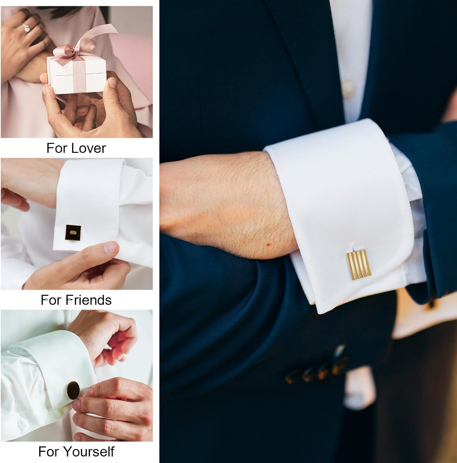 4 Pairs Cufflinks for Men Classic Tone Cuff Links Fashion Men Cufflinks Gold/Sliver Striped Disc Square Rectangle Cuff Links for Business Wedding Party Gift Box