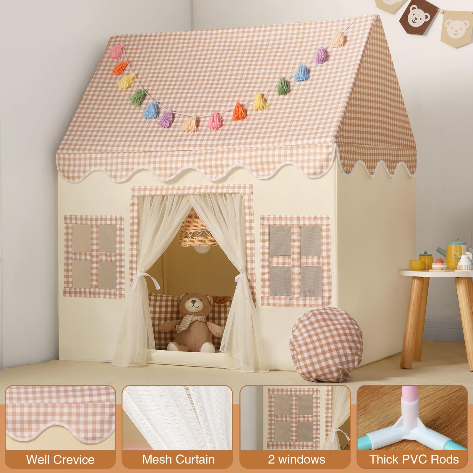 Kids Play Tent Indoor: with Mat, Tassel Garland, Star Lights - Girl Tent Indoor Playhouse for Kids Toys for Boy Girl Birthday Gift