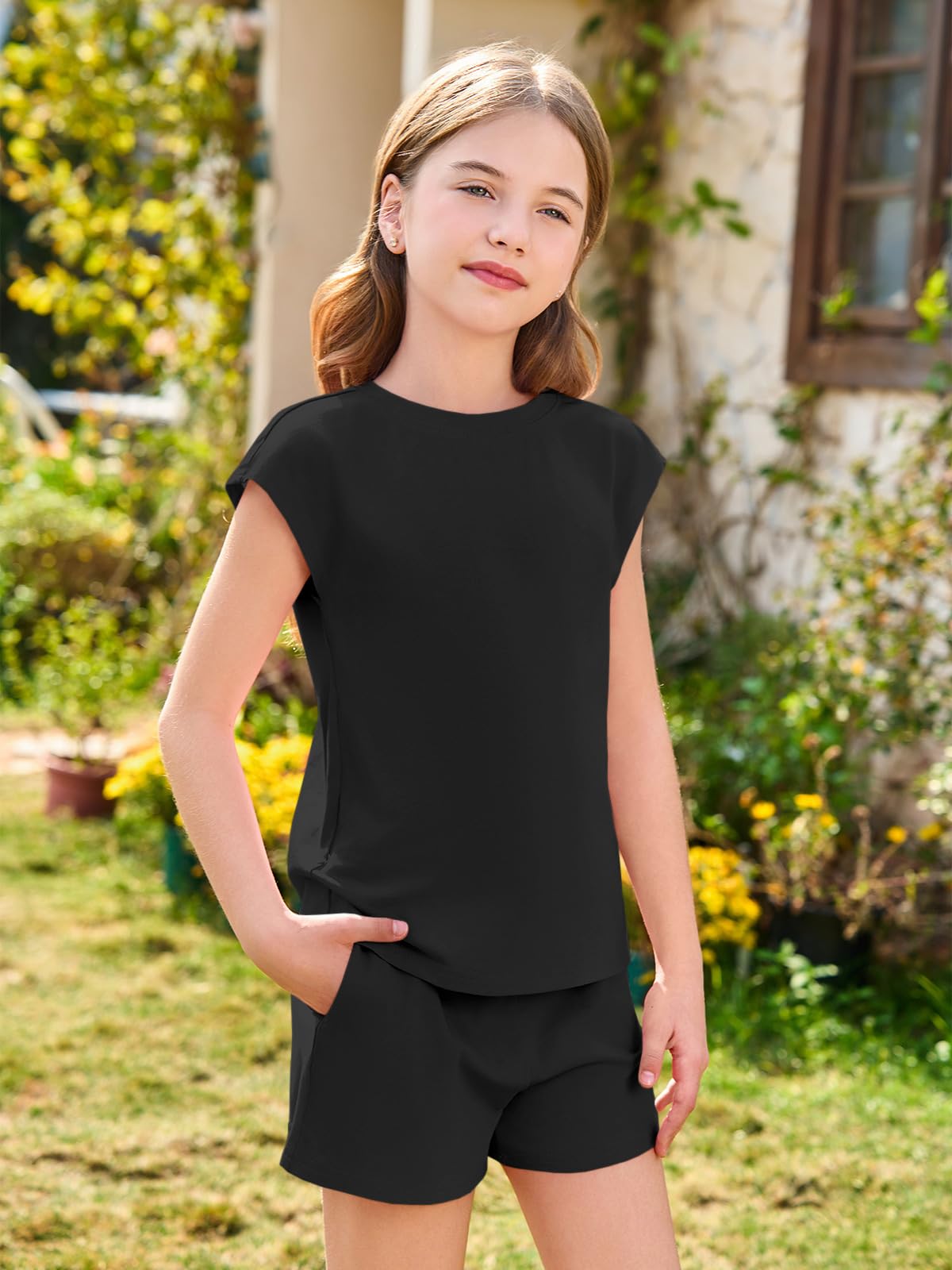 Haloumoning Girls Summer Outfits Casual Lounge Set Cap Sleeve T Shirt and Elastic Waist Shorts 2 Piece Clothing Sets