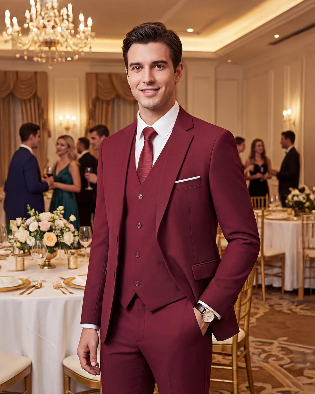 Men's Slim Fit 3 Piece Suits Two Button Blazer Vest & Pants Tuxedo Set for Business Wedding Party