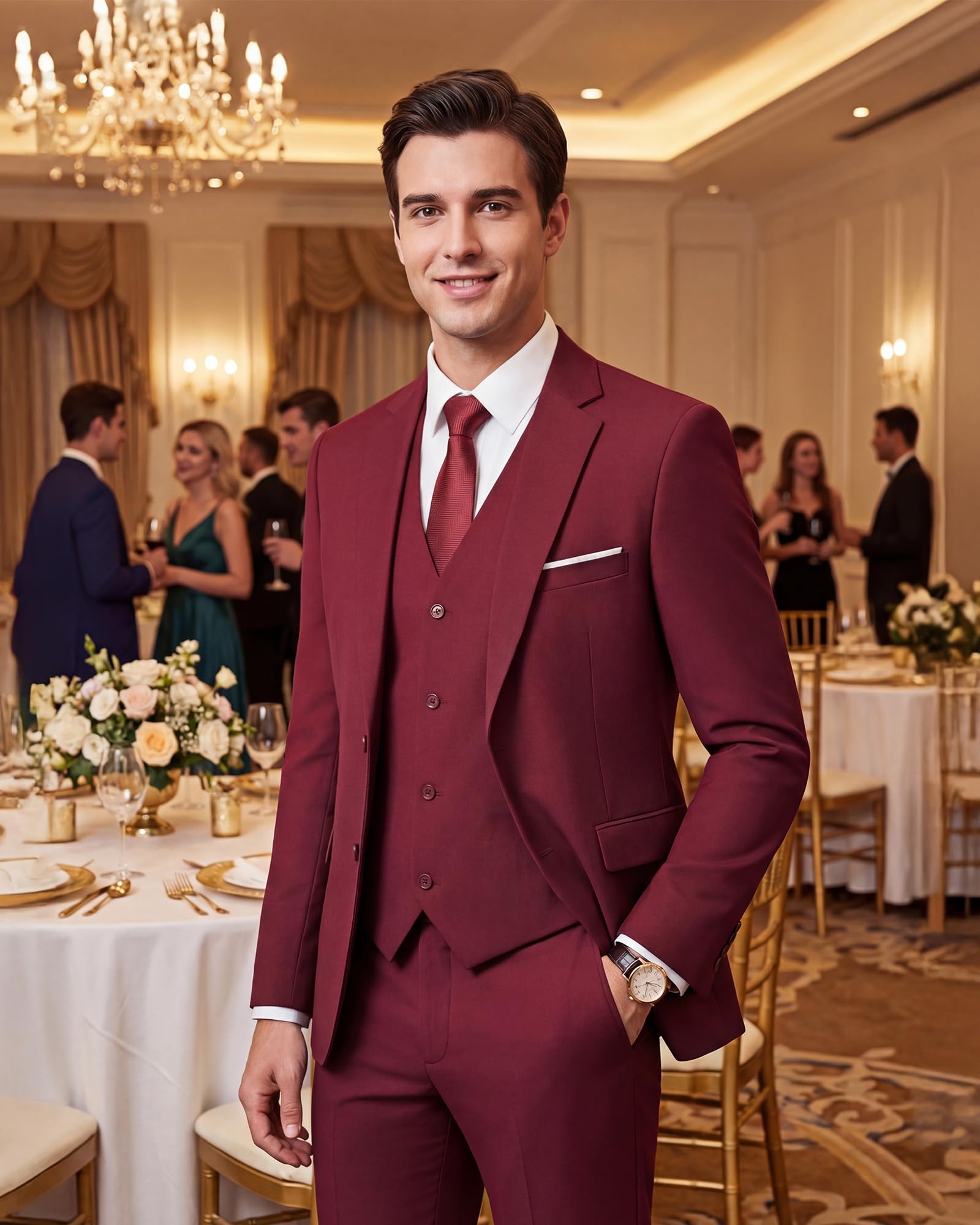 Men's Slim Fit 3 Piece Suits Two Button Blazer Vest & Pants Tuxedo Set for Business Wedding Party