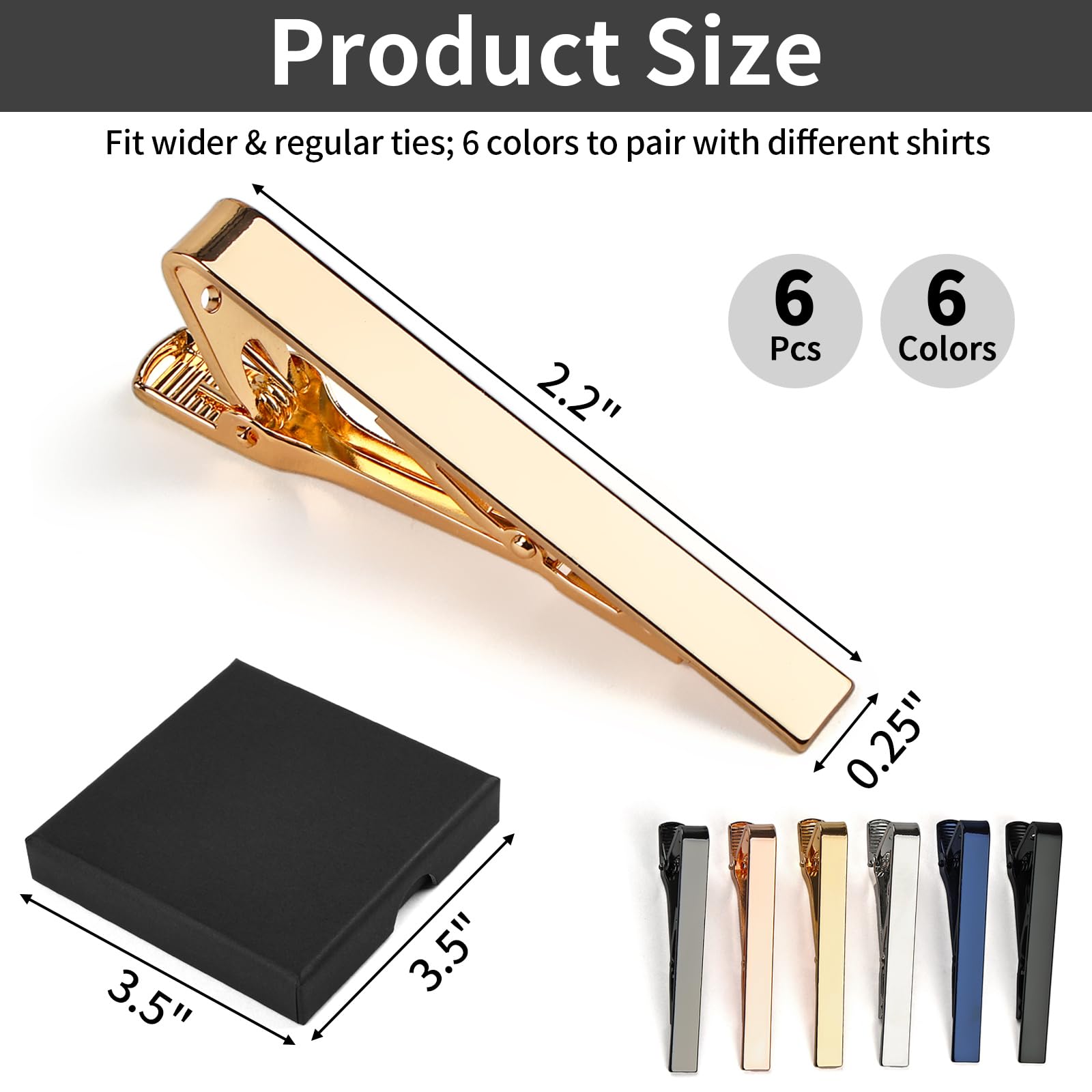 6 Pcs Tie Clips for Men, Classic Shiny & Glossy Tie Bar, Ideal for Father, Husband, Boyfriend, Business, Wedding, Tie Pins with Gift Box