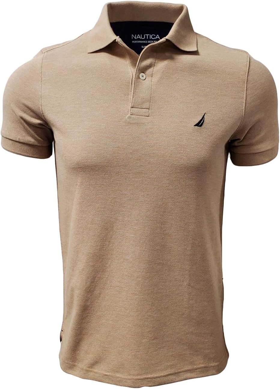 Mens Slim Fit Short Sleeve Solid Cotton Pique Polo Shirt (Medium, Camel Heather)