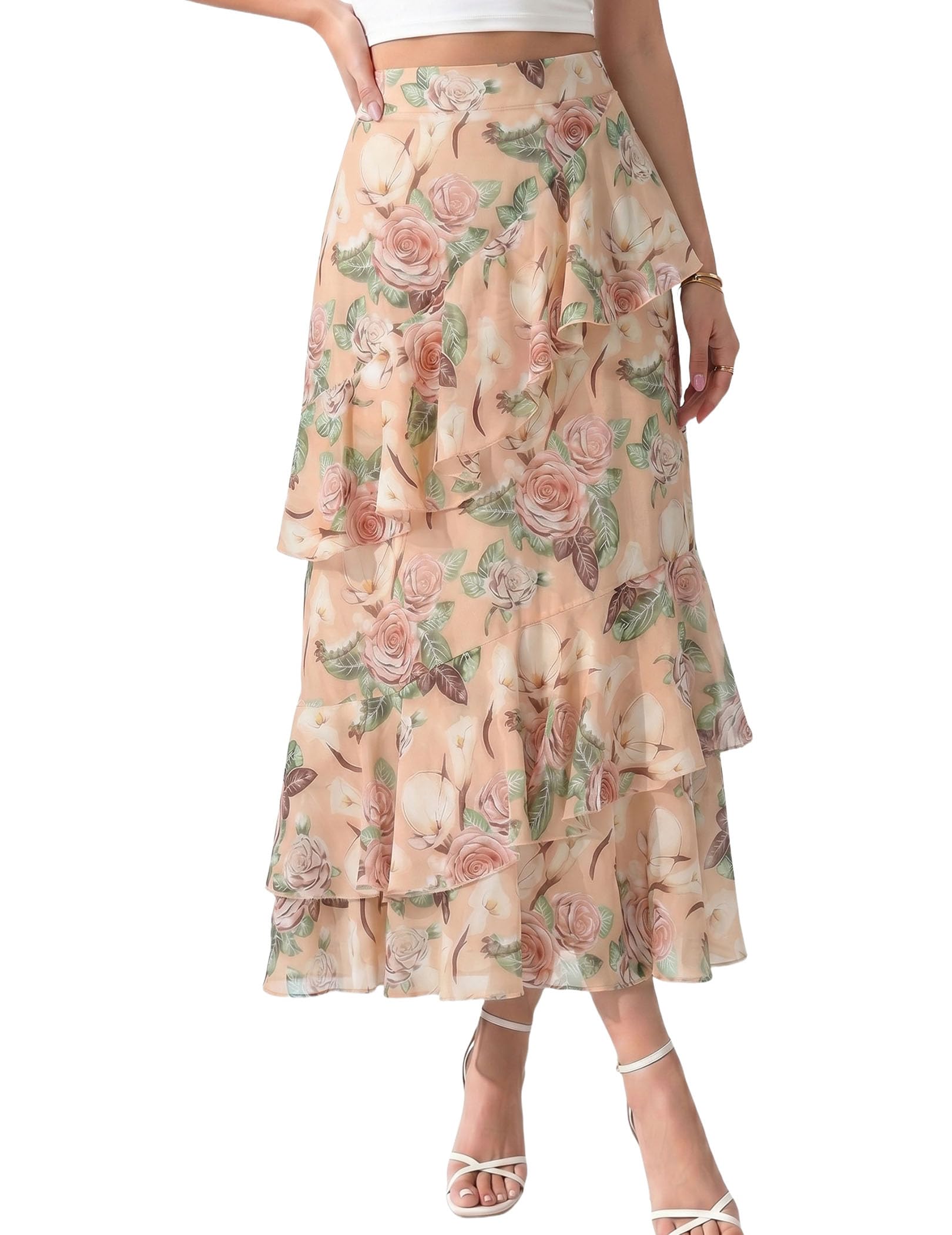 Women's Boho Flowy White Maxi Skirt Flared Ruffle Elastic Waist Summer A Line 2026 Spring Long Skirts
