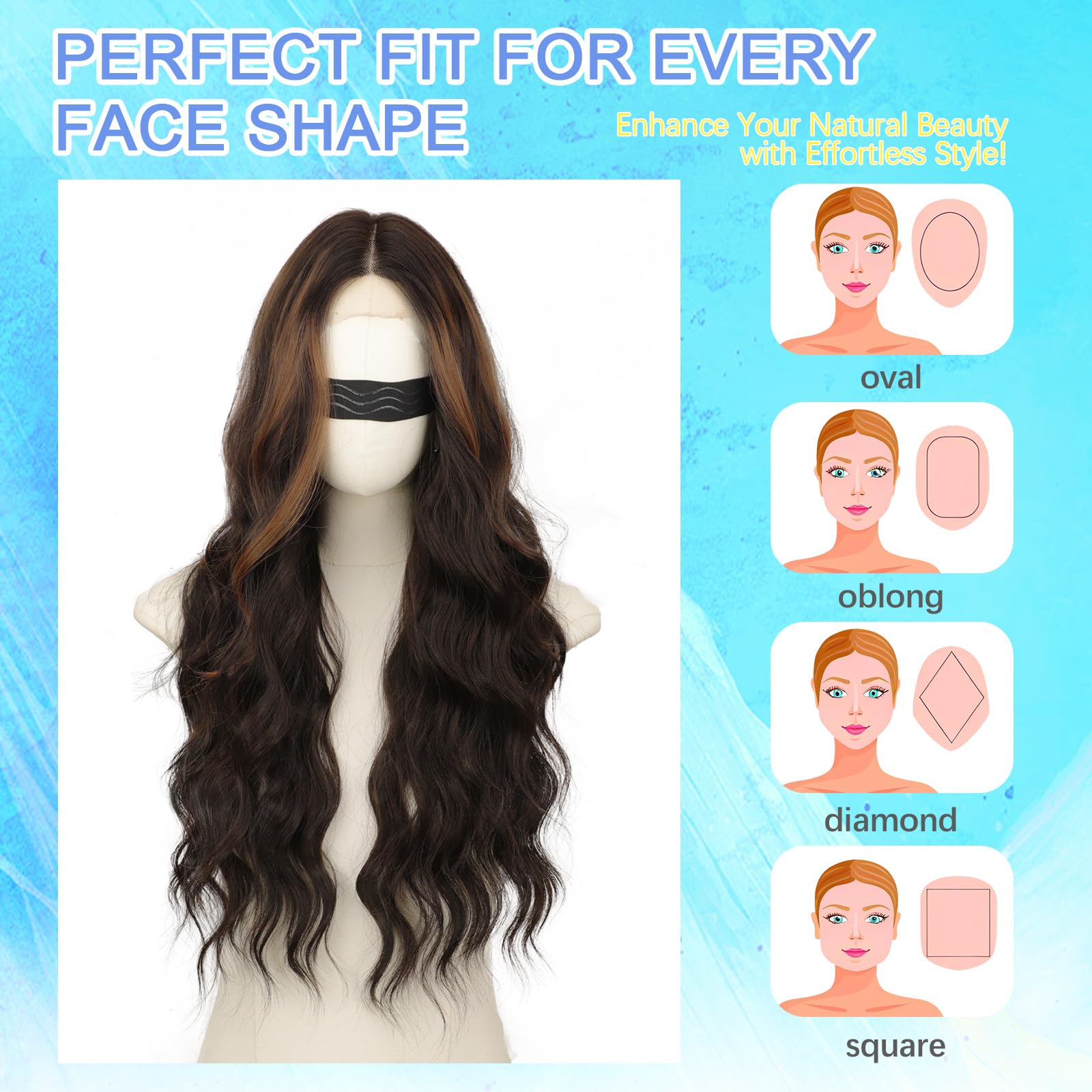 Long Brown Mixed Blonde Wavy Wig 4x1 Lace Natural Hairline Middle Part Curly Heat-Resistant Synthetic Fiber for Women & Beginners Daily Party Use 26In