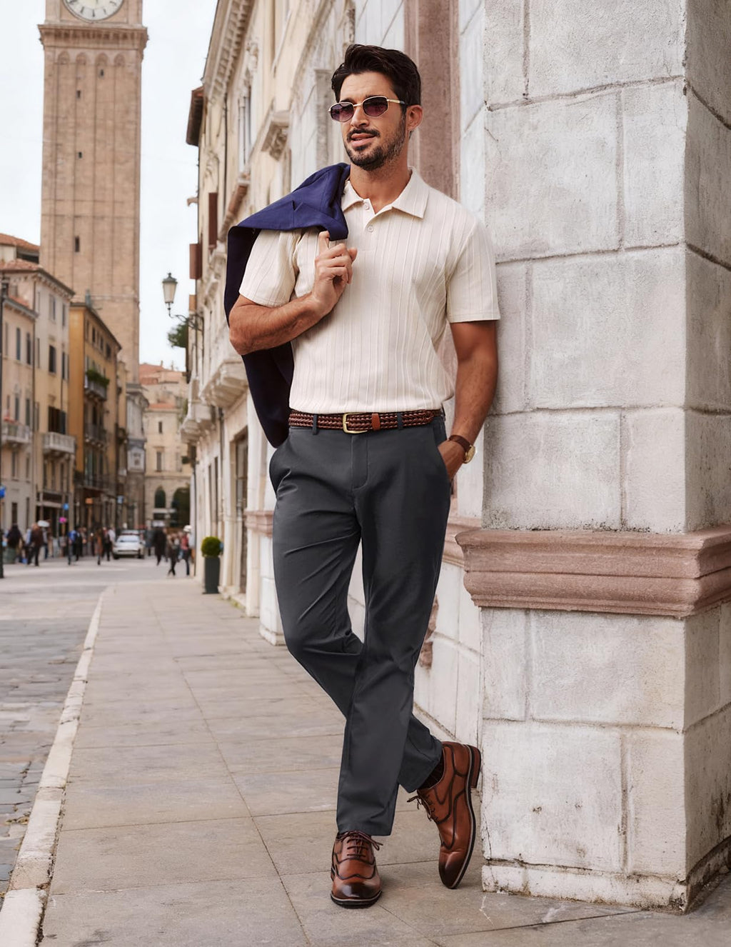 Mens Dress Pants 4-Way Stretch Tapered Trousers Extended Waist Dress Pant Casual Golf Pants