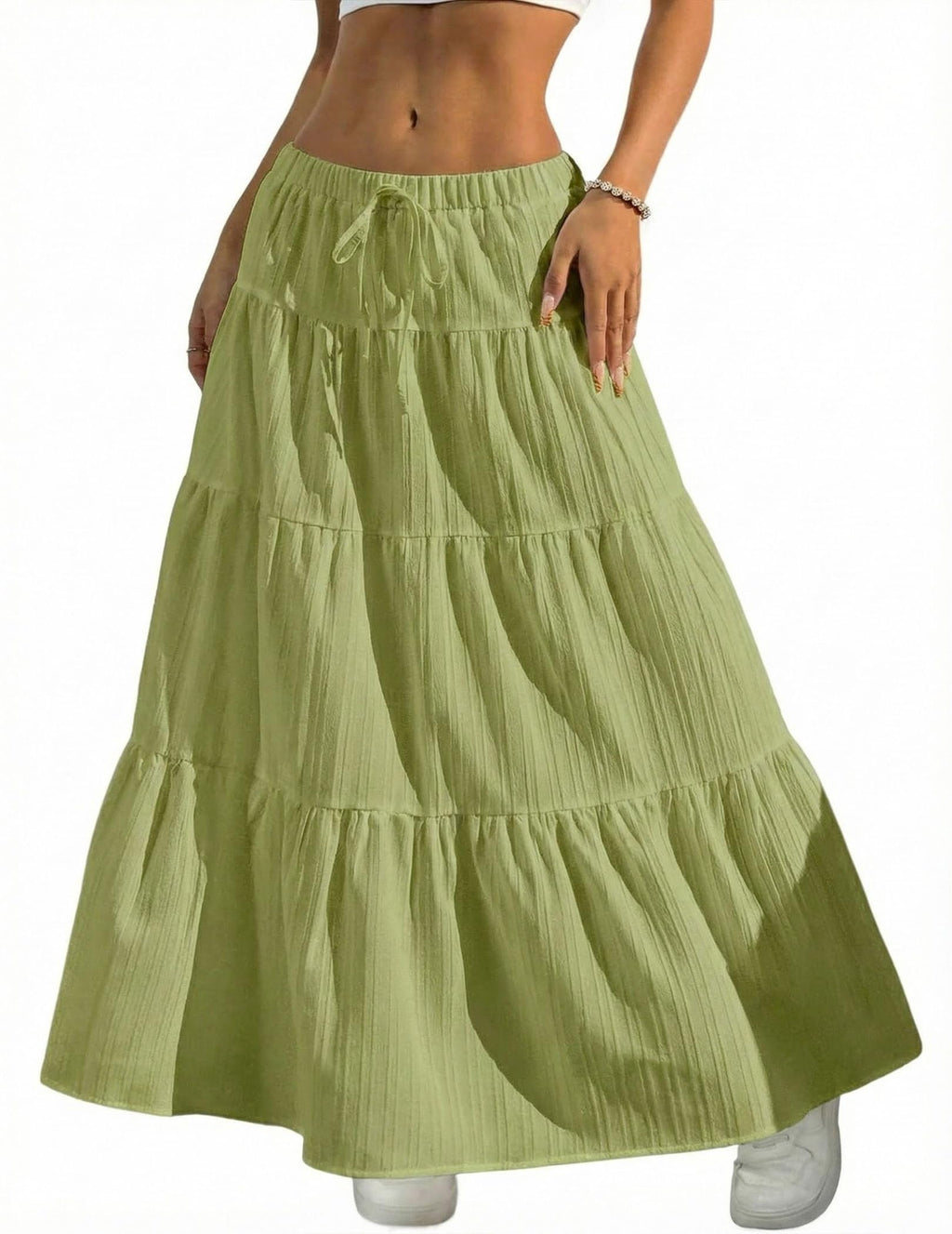 Women's Boho Flowy White Maxi Skirt Flared Ruffle Elastic Waist Summer A Line 2026 Spring Long Skirts