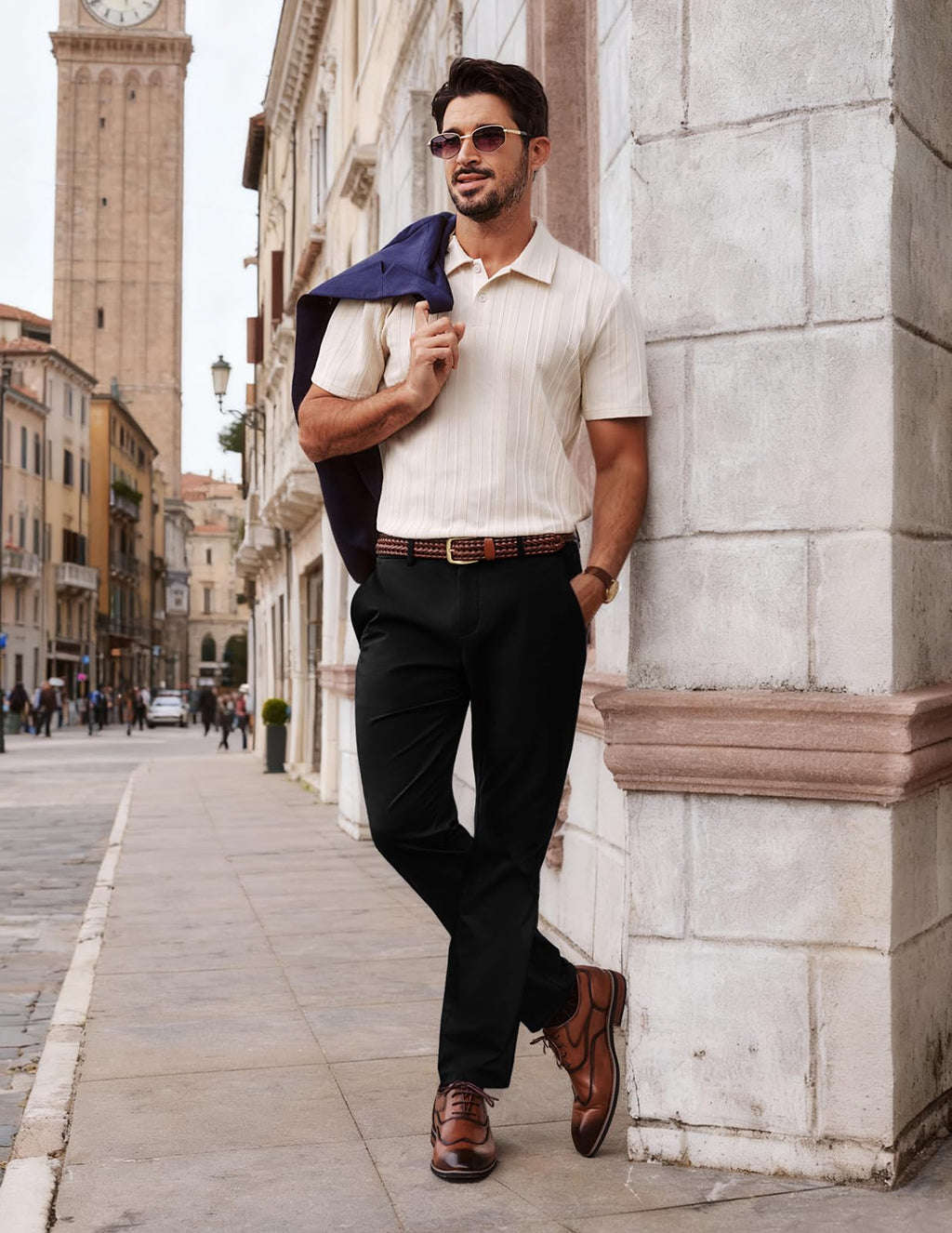 Mens Dress Pants 4-Way Stretch Tapered Trousers Extended Waist Dress Pant Casual Golf Pants