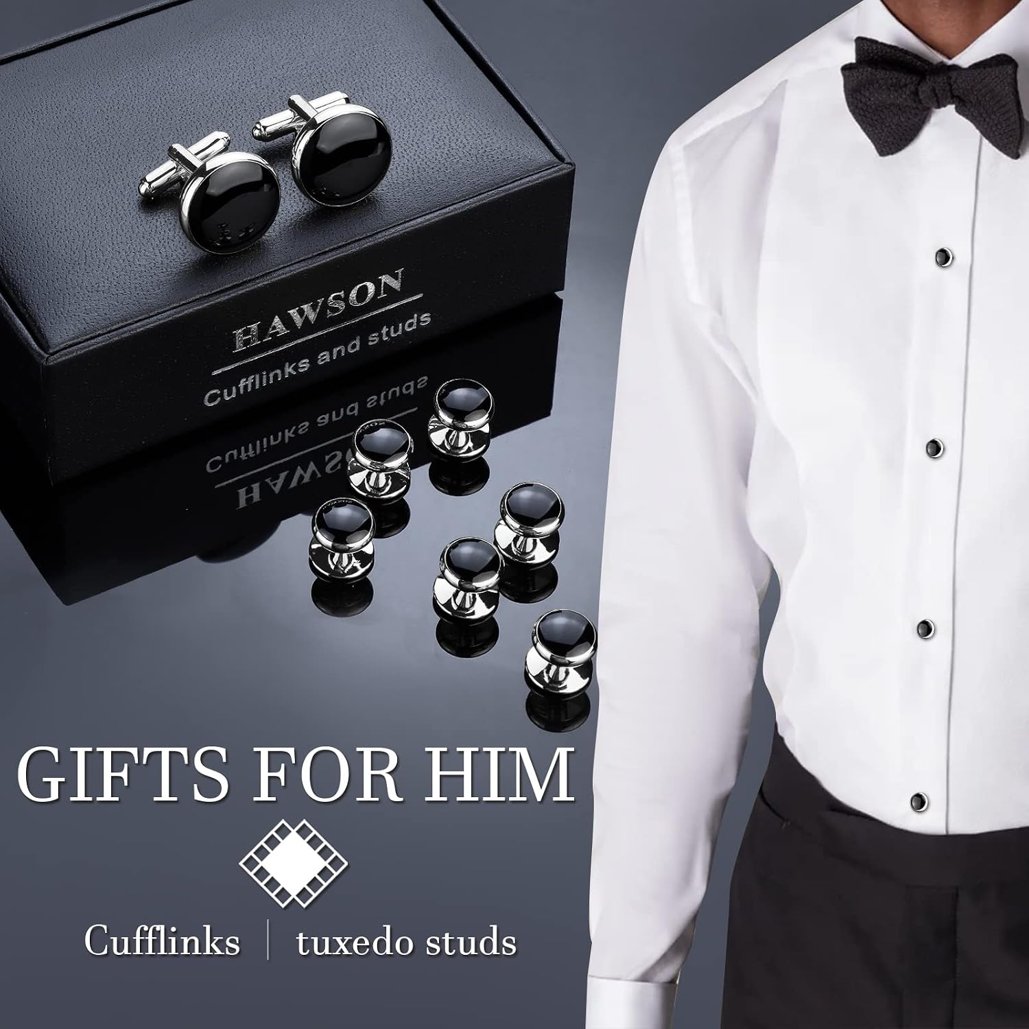 Men’s Cufflinks and Tuxedo Studs Set with Gift Box; Men’s Jewelry or Accessories Suitable for Black Suit White Shirts Vest and Red Bow tie on Wedding or Anniversary and Birthday