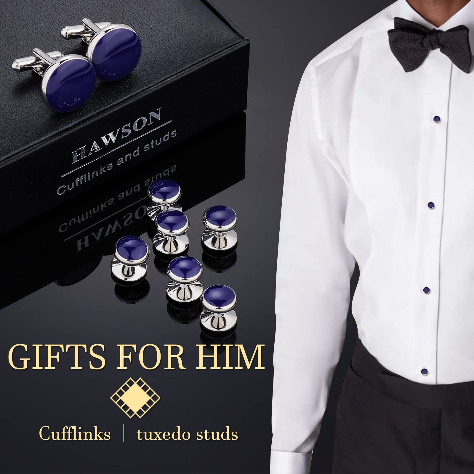 Men’s Cufflinks and Tuxedo Studs Set with Gift Box; Men’s Jewelry or Accessories Suitable for Black Suit White Shirts Vest and Red Bow tie on Wedding or Anniversary and Birthday
