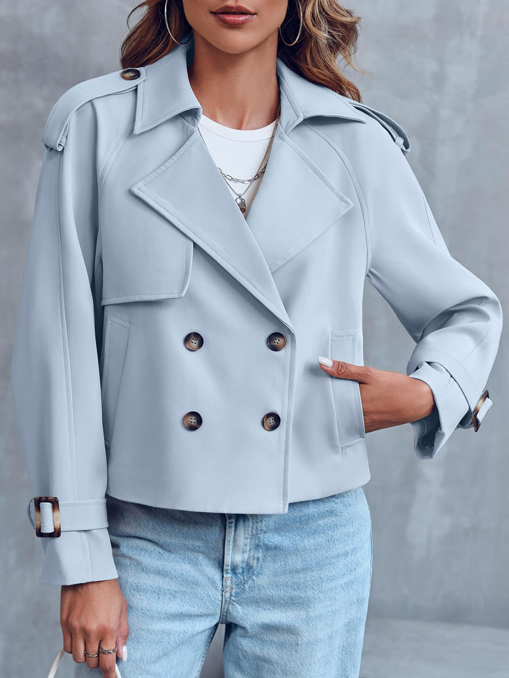 Women Crop Double Breasted Trench Coat Raglan Sleeve Work Office Cropped Jacket With Pockets