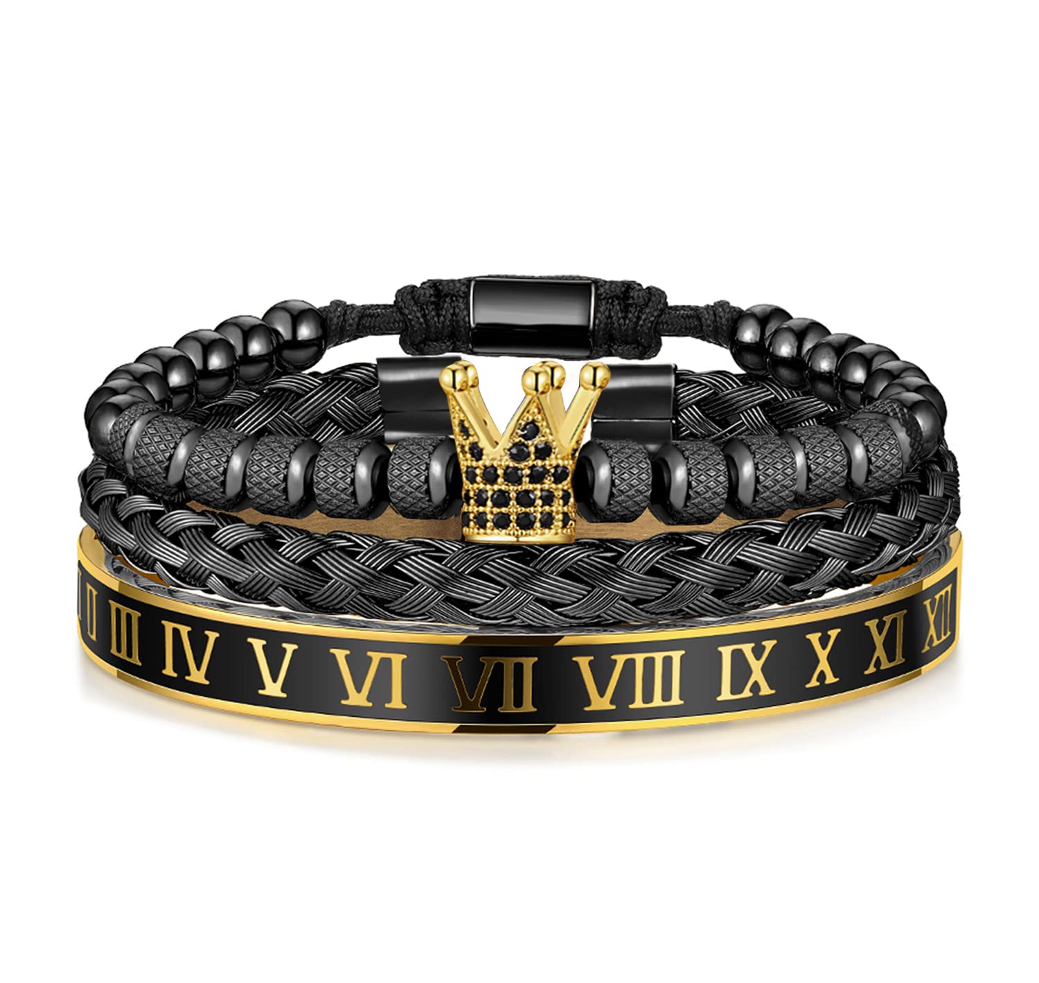 3PCS Stainless Steel Bracelets for Men Gold Roman Numeral Bangle Bracelet Twisted Cable Bracelet Adjustable Cuff Bracelet Mens Luxury Jewelry Bracelets Gifts