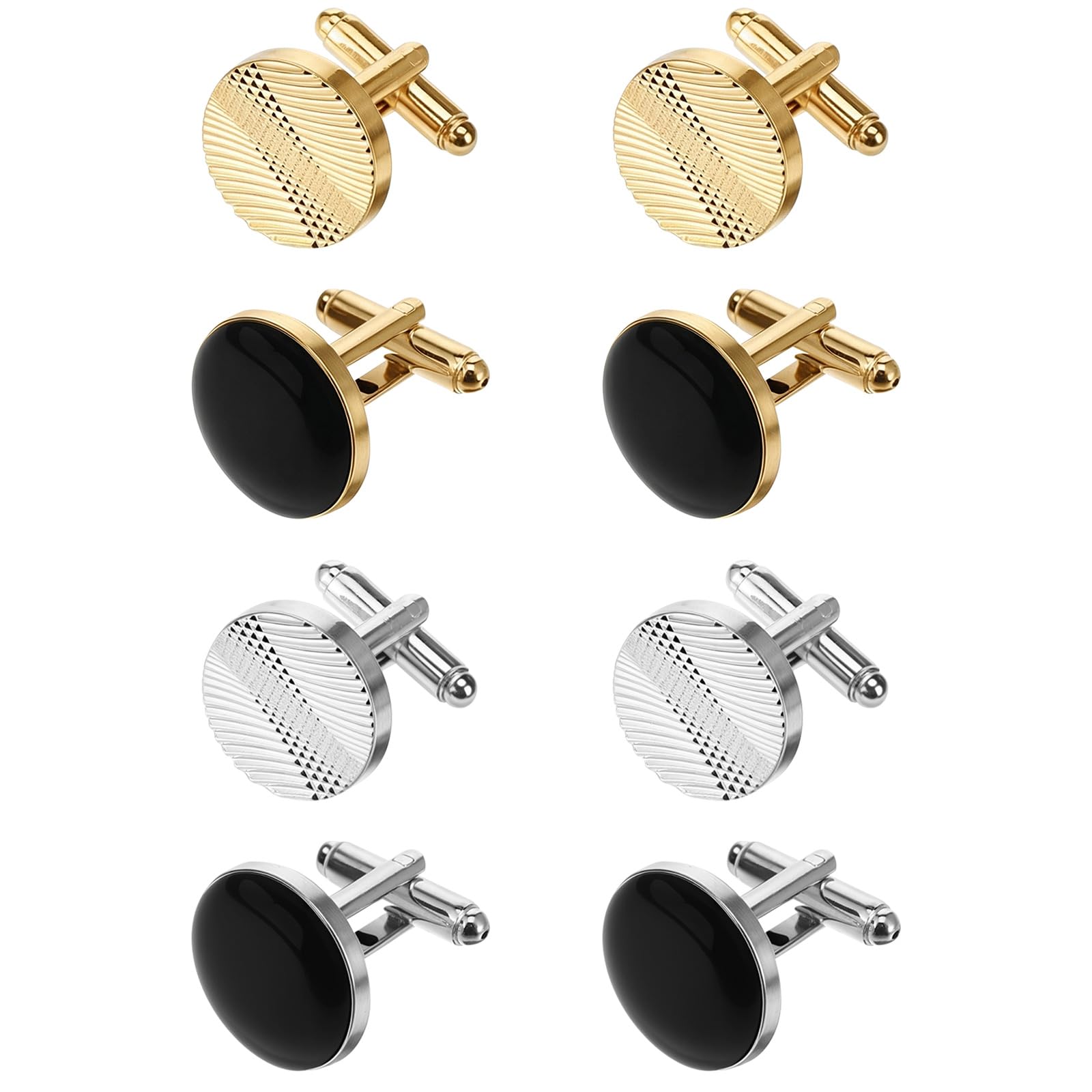 4 Pairs Cufflinks for Men Classic Tone Cuff Links Fashion Men Cufflinks Gold/Sliver Striped Disc Square Rectangle Cuff Links for Business Wedding Party Gift Box