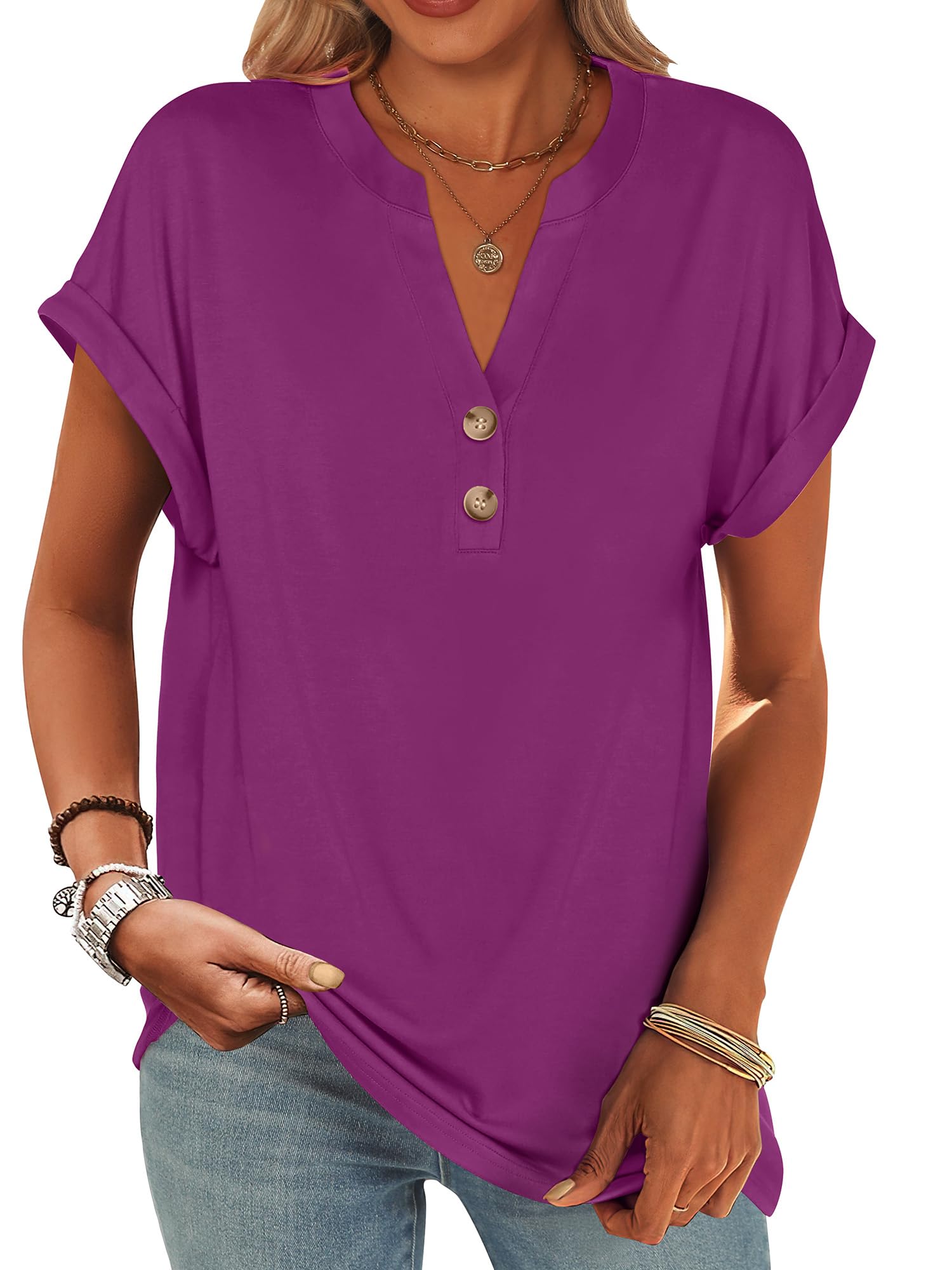 ANRABESS Womens Short Sleeve Henley Tops V Neck Dressy Casual Blouses Summer Trendy Tee Shirts 2026 Vacation Fashion Clothes