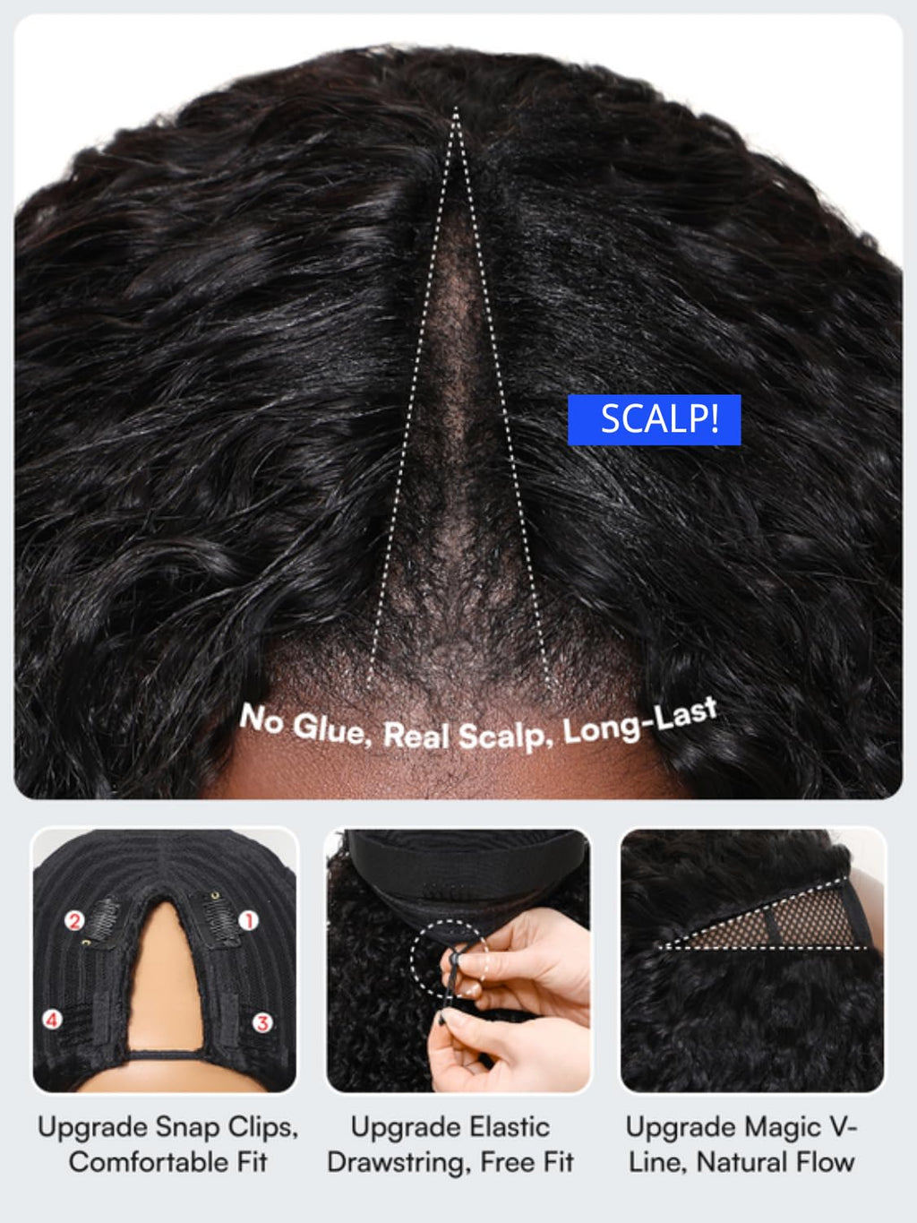 V Part Wigs Kinky Straight Human Hair with Drawstring,Glueless Easicontour V-Part Clip in Upgraded U Part Kinky Wig for Women No Leave Out Ready to Wear Beginner Friendly 150% Density 20inch