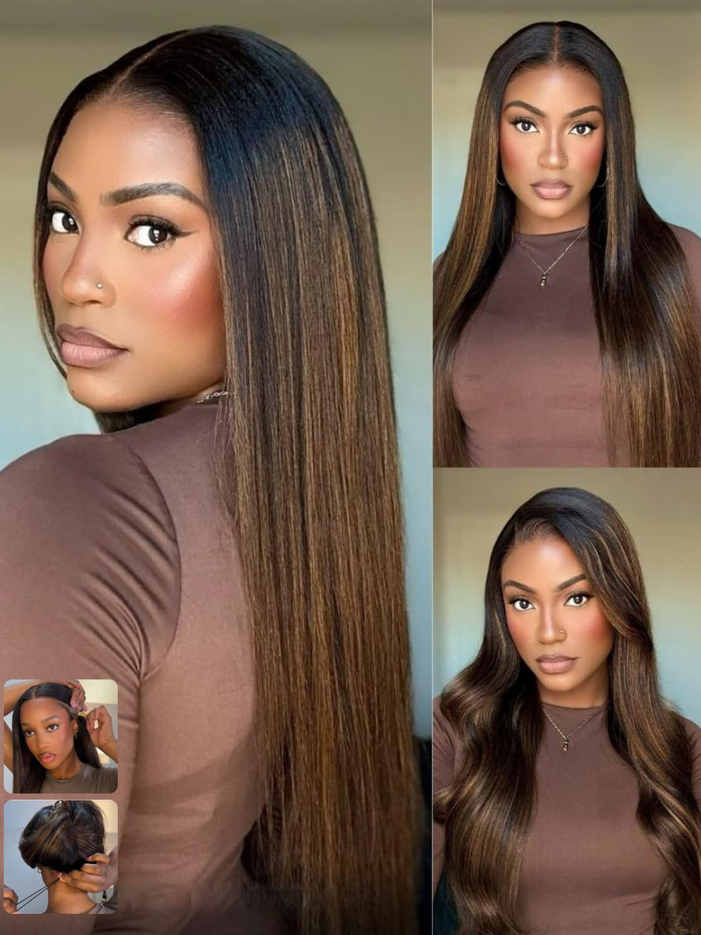Golden Brown Highlight Glueless Yaki Straight Precut 7x5 Lace Front Wigs Human Hair Drawstring Ombre Pre Plucked Bleached Knots 30S Ready to Wear and Go Wig with Dark Roots 16Inch