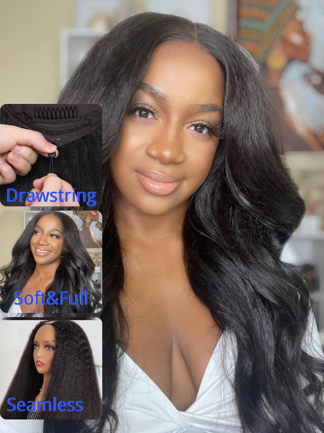 V Part Wigs Kinky Straight Human Hair with Drawstring,Glueless Easicontour V-Part Clip in Upgraded U Part Kinky Wig for Women No Leave Out Ready to Wear Beginner Friendly 150% Density 20inch