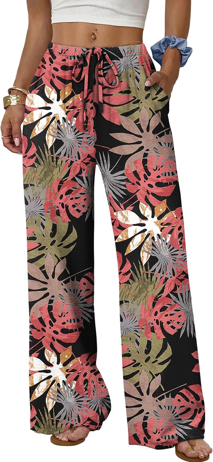 Wide Leg Pants for Women Flowy Palazzo Drawstring Elastic Waist Trousers with Pockets Summer Beach Vacation Clothes