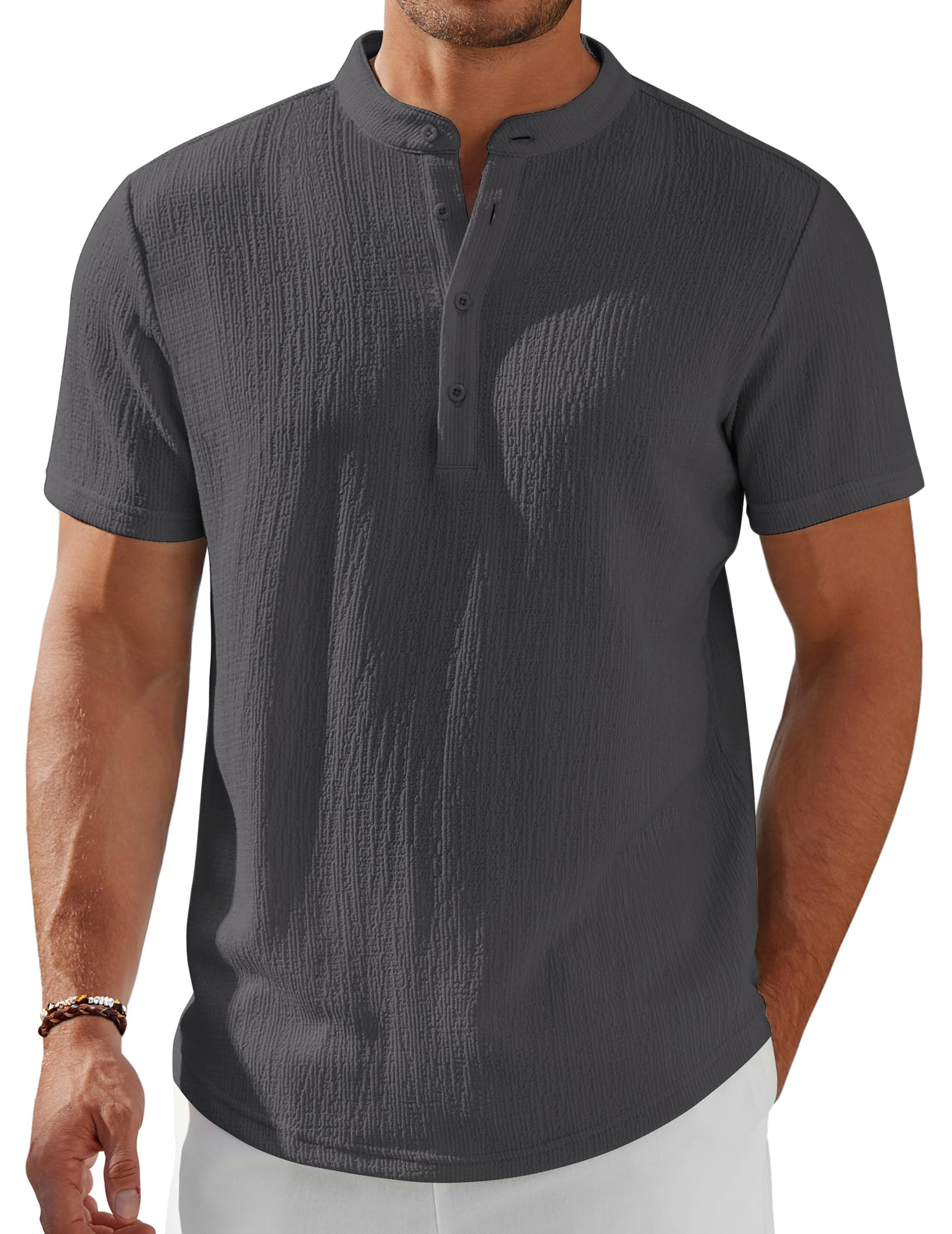 Men's Henley Shirt Short Sleeve Stand Collar Summer Casual Beach Hippie T-Shirts
