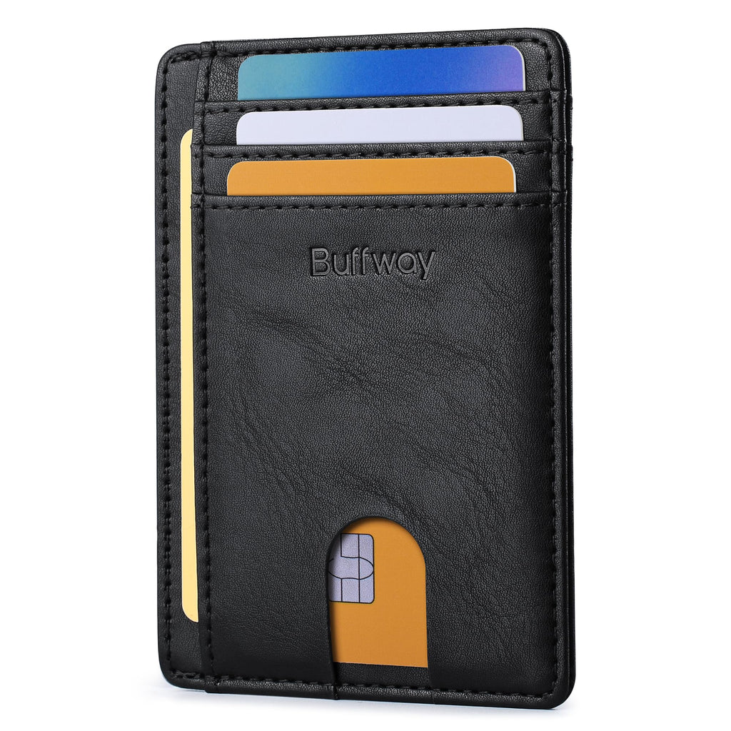 Slim Minimalist Front Pocket RFID Blocking Leather Wallets for Men and Women - Carbon Fiber Black