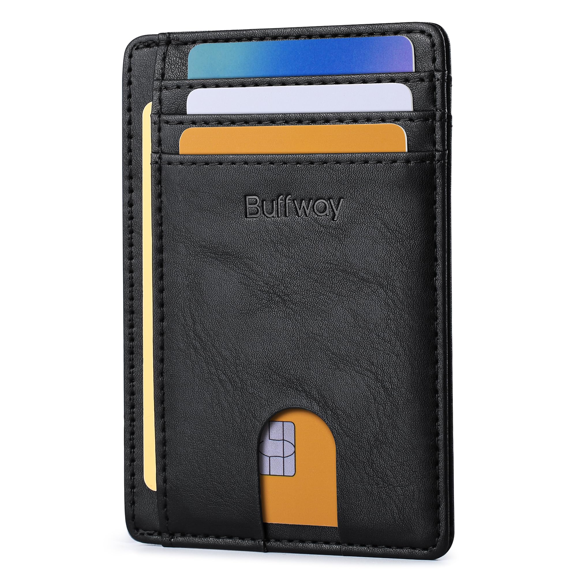 Slim Minimalist Front Pocket RFID Blocking Leather Wallets for Men and Women - Carbon Fiber Black