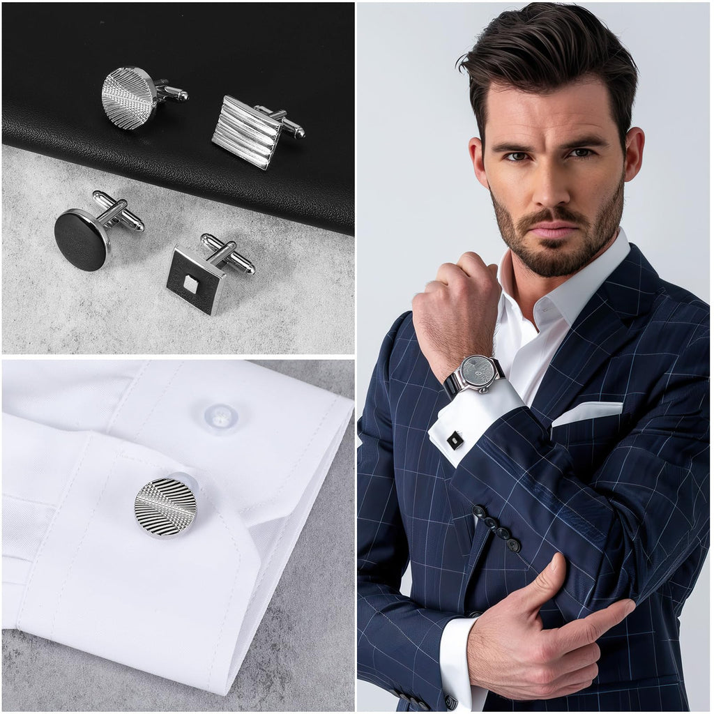 4 Pairs Cufflinks for Men Classic Tone Cuff Links Fashion Men Cufflinks Gold/Sliver Striped Disc Square Rectangle Cuff Links for Business Wedding Party Gift Box