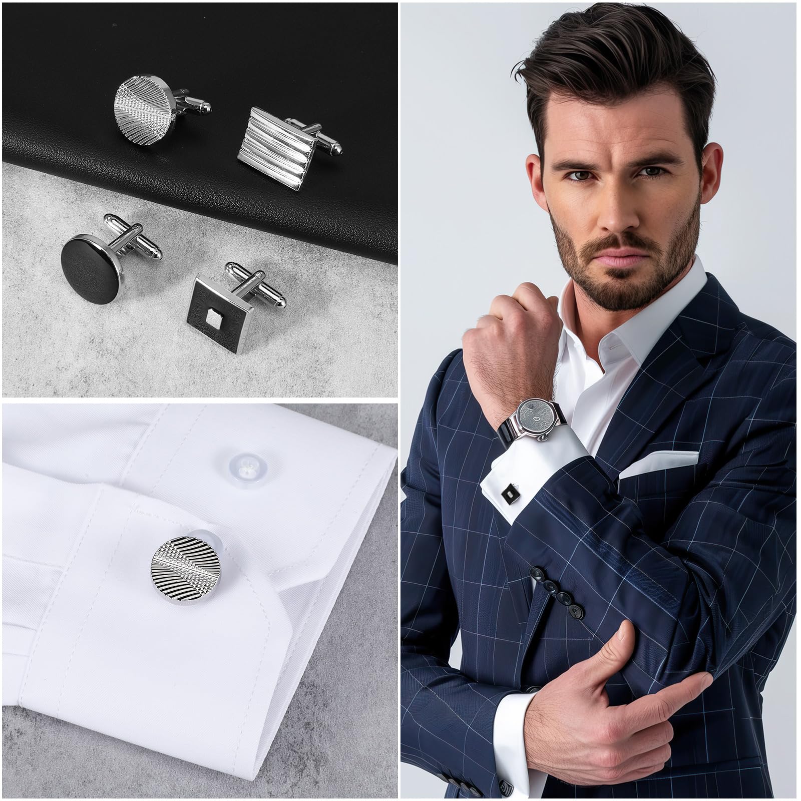 4 Pairs Cufflinks for Men Classic Tone Cuff Links Fashion Men Cufflinks Gold/Sliver Striped Disc Square Rectangle Cuff Links for Business Wedding Party Gift Box