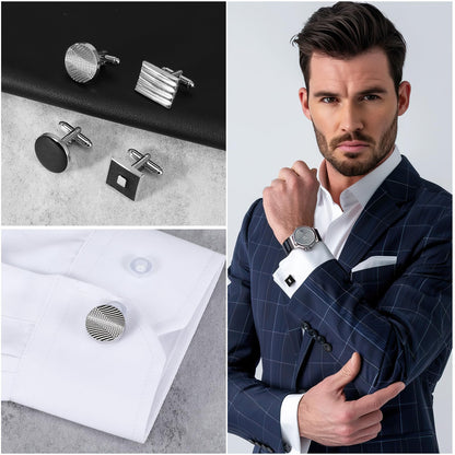 4 Pairs Cufflinks for Men Classic Tone Cuff Links Fashion Men Cufflinks Gold/Sliver Striped Disc Square Rectangle Cuff Links for Business Wedding Party Gift Box