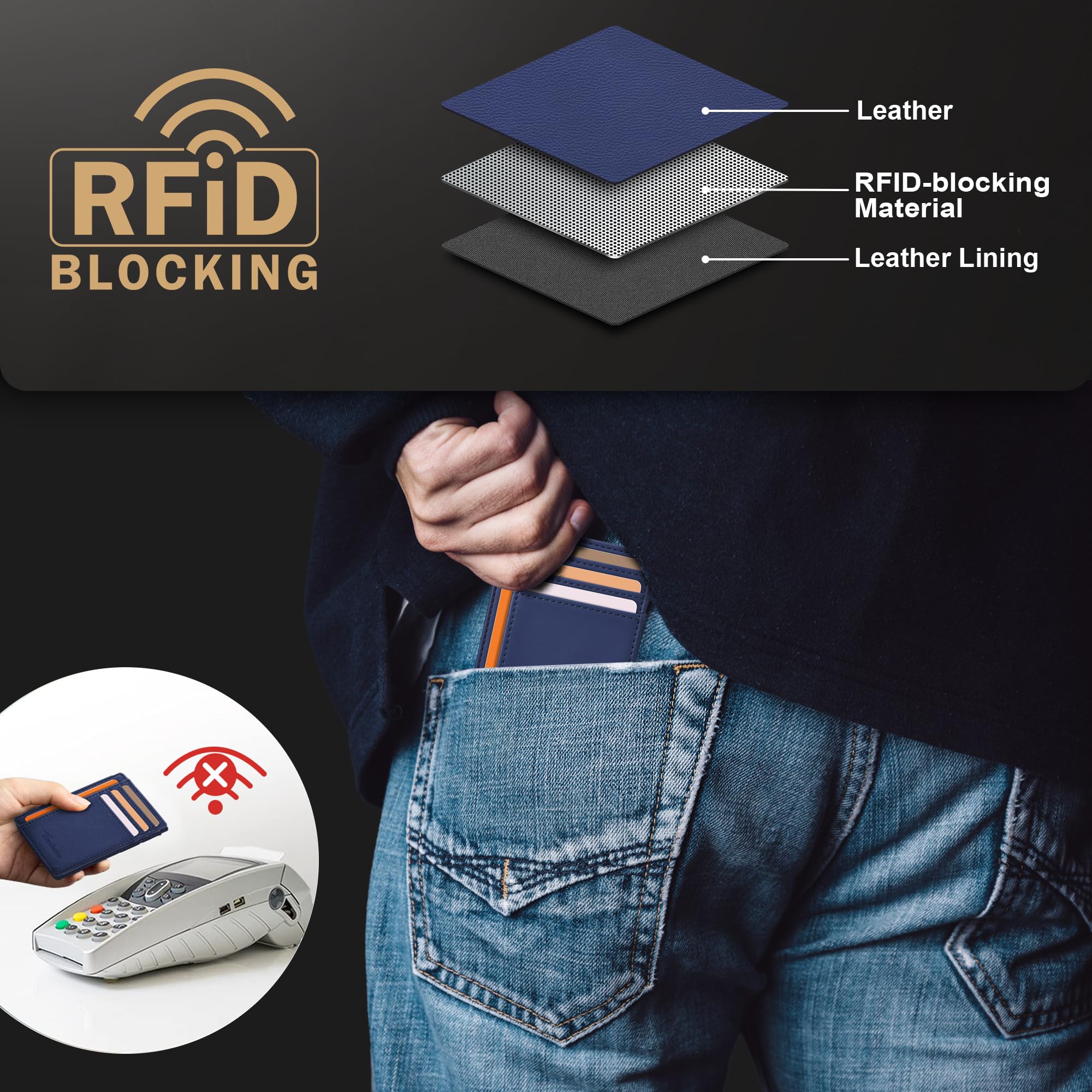 Slim Wallet Front Pocket Minimalist Leather RFID Blocking Medium Size