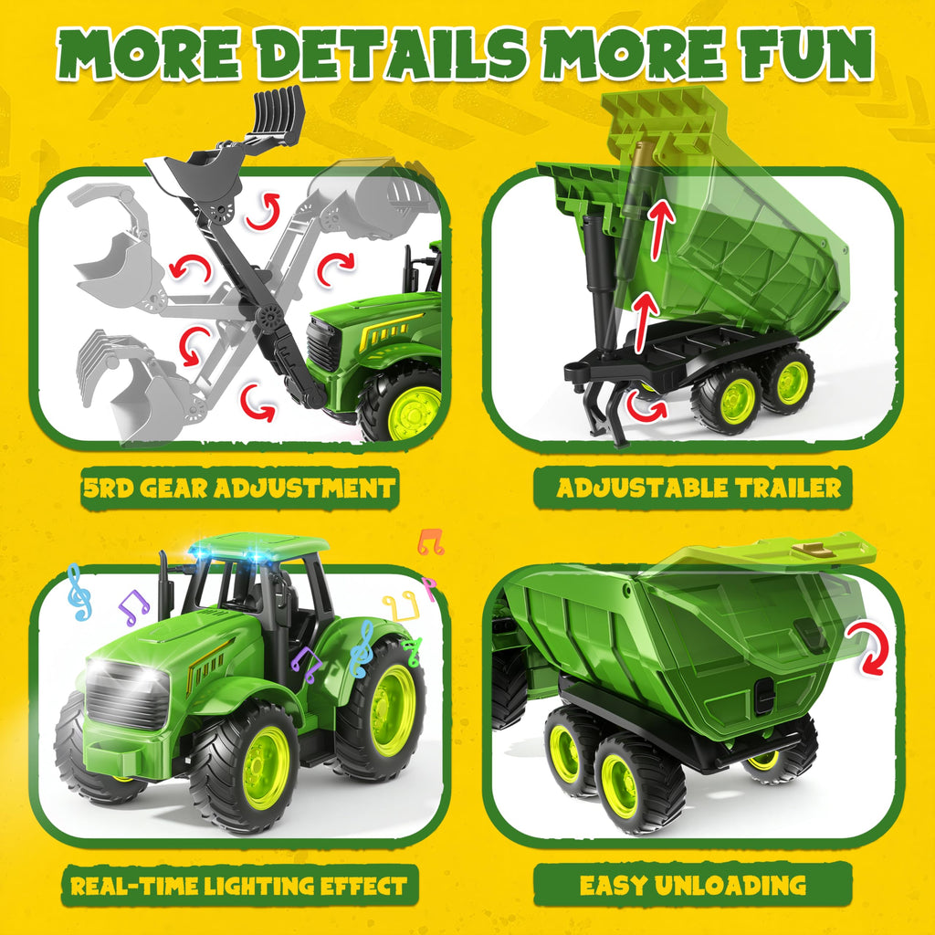 Funwee RC Farm Tractor Toy w/Light & Music, Kid Truck Toy w/Front Loader & Farm Animal, 2.4GHz RC Tractor Trailer Car Vehicle Toy for Boy Girl Age 3 4 5 6 7+ Year Old Christmas Birthday Gift (Pink)