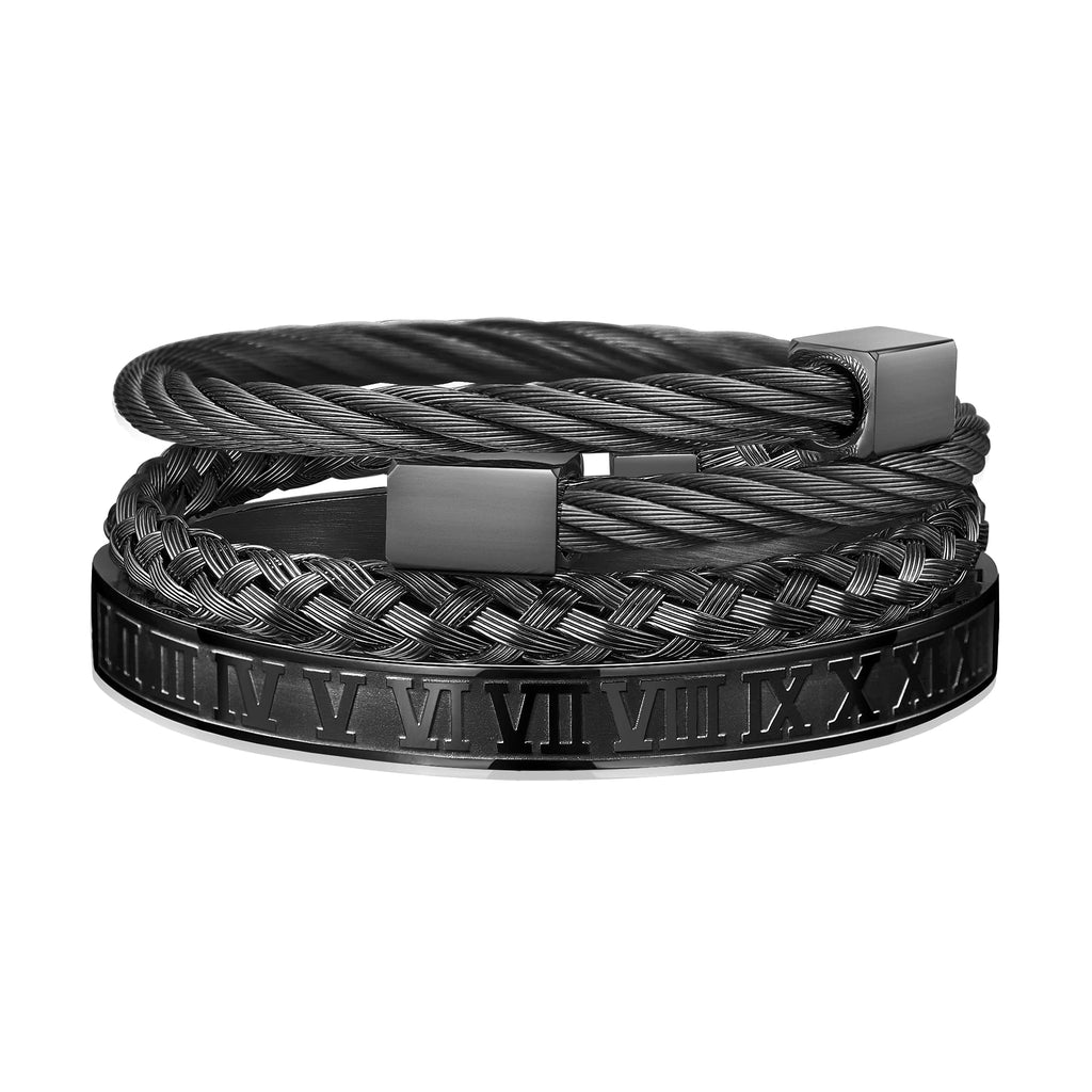 3PCS Stainless Steel Bracelets for Men Gold Roman Numeral Bangle Bracelet Twisted Cable Bracelet Adjustable Cuff Bracelet Mens Luxury Jewelry Bracelets Gifts