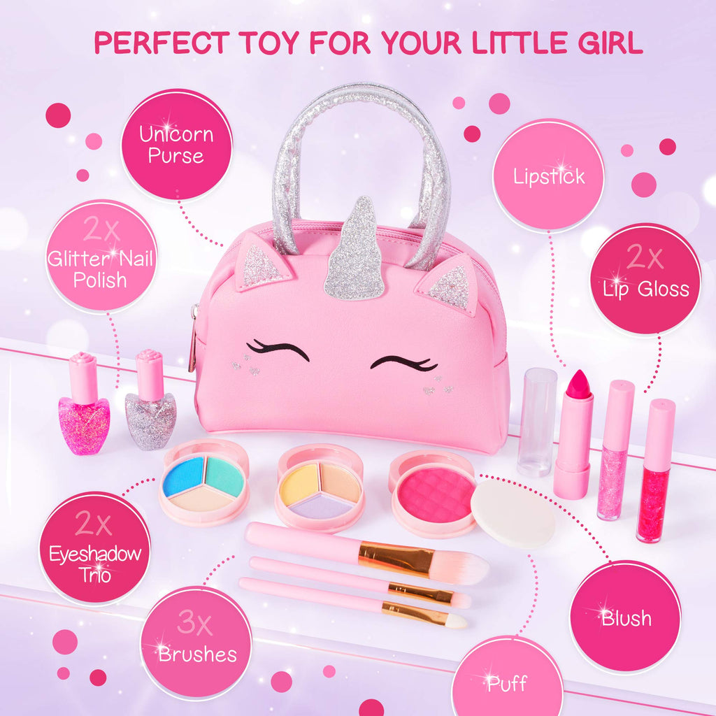 Kids Real Makeup Kit with Pink Unicorn Purse, Non Toxic Washable Make Up Set - Unicorn Toys for Girls Age 4-6, Girls Easter Basket Stuffers, Easter Gifts for Kids, Girl Gift Ages 3 4 5 6 7 8 Years Old