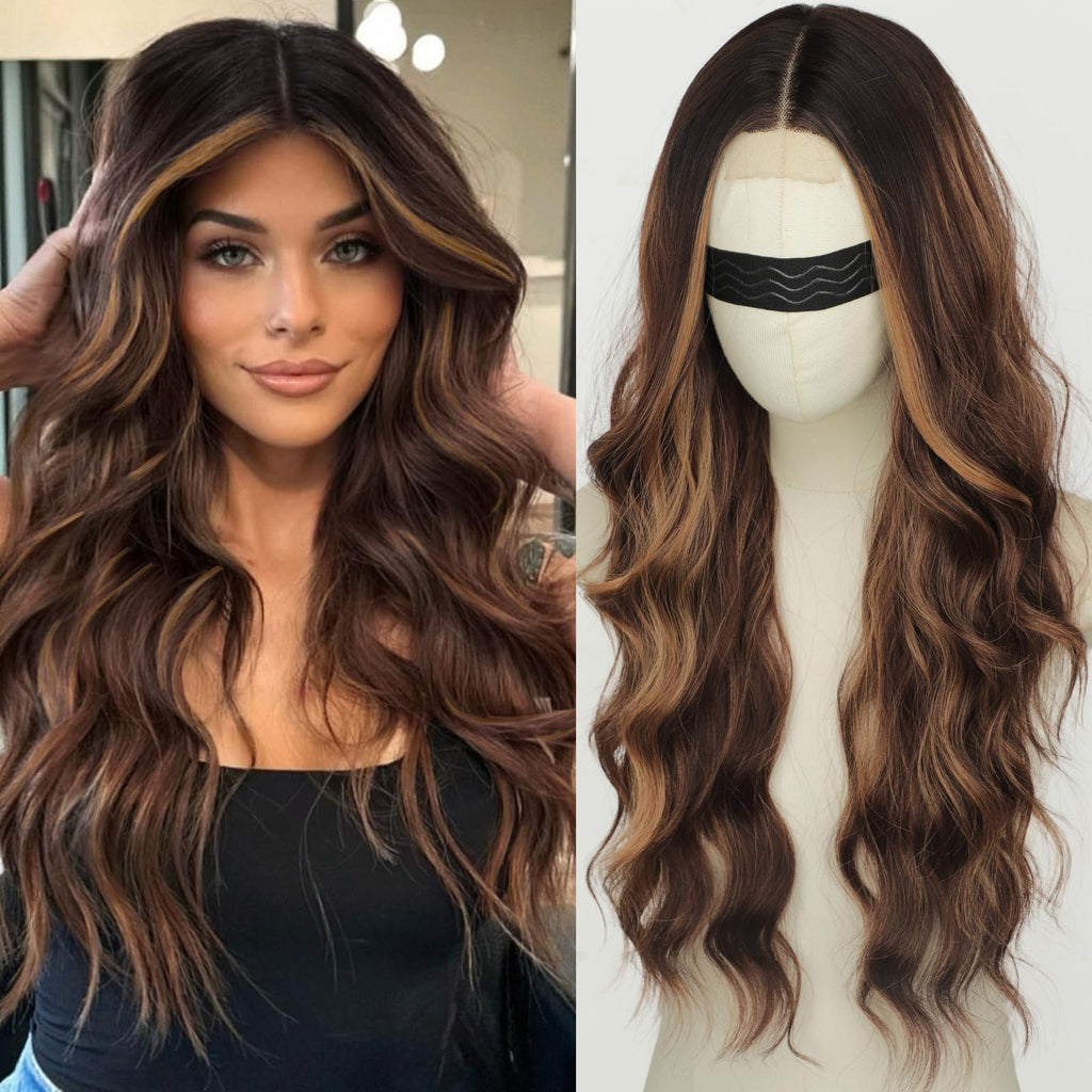 Long Brown Mixed Blonde Wavy Wig 4x1 Lace Natural Hairline Middle Part Curly Heat-Resistant Synthetic Fiber for Women & Beginners Daily Party Use 26In