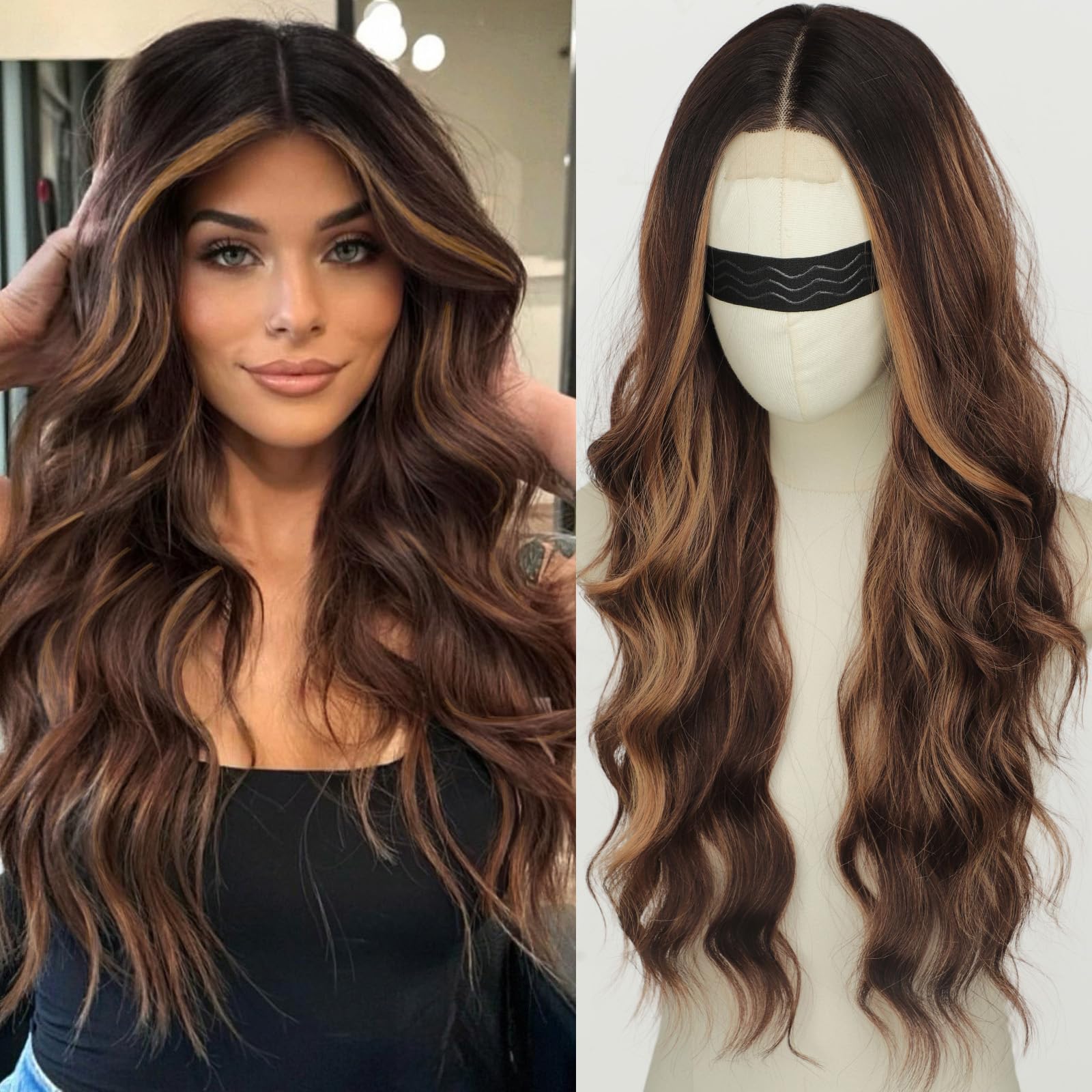 Long Brown Mixed Blonde Wavy Wig 4x1 Lace Natural Hairline Middle Part Curly Heat-Resistant Synthetic Fiber for Women & Beginners Daily Party Use 26In