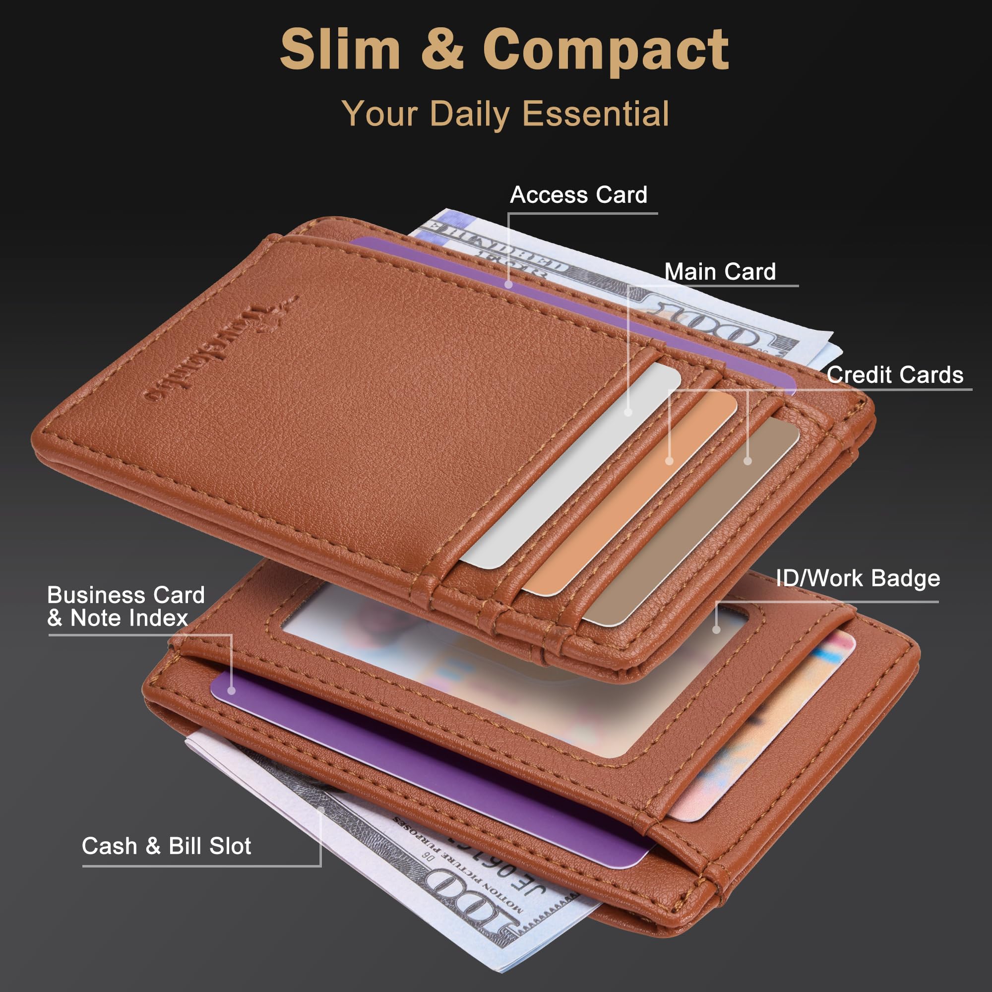 Slim Wallet Front Pocket Minimalist Leather RFID Blocking Medium Size