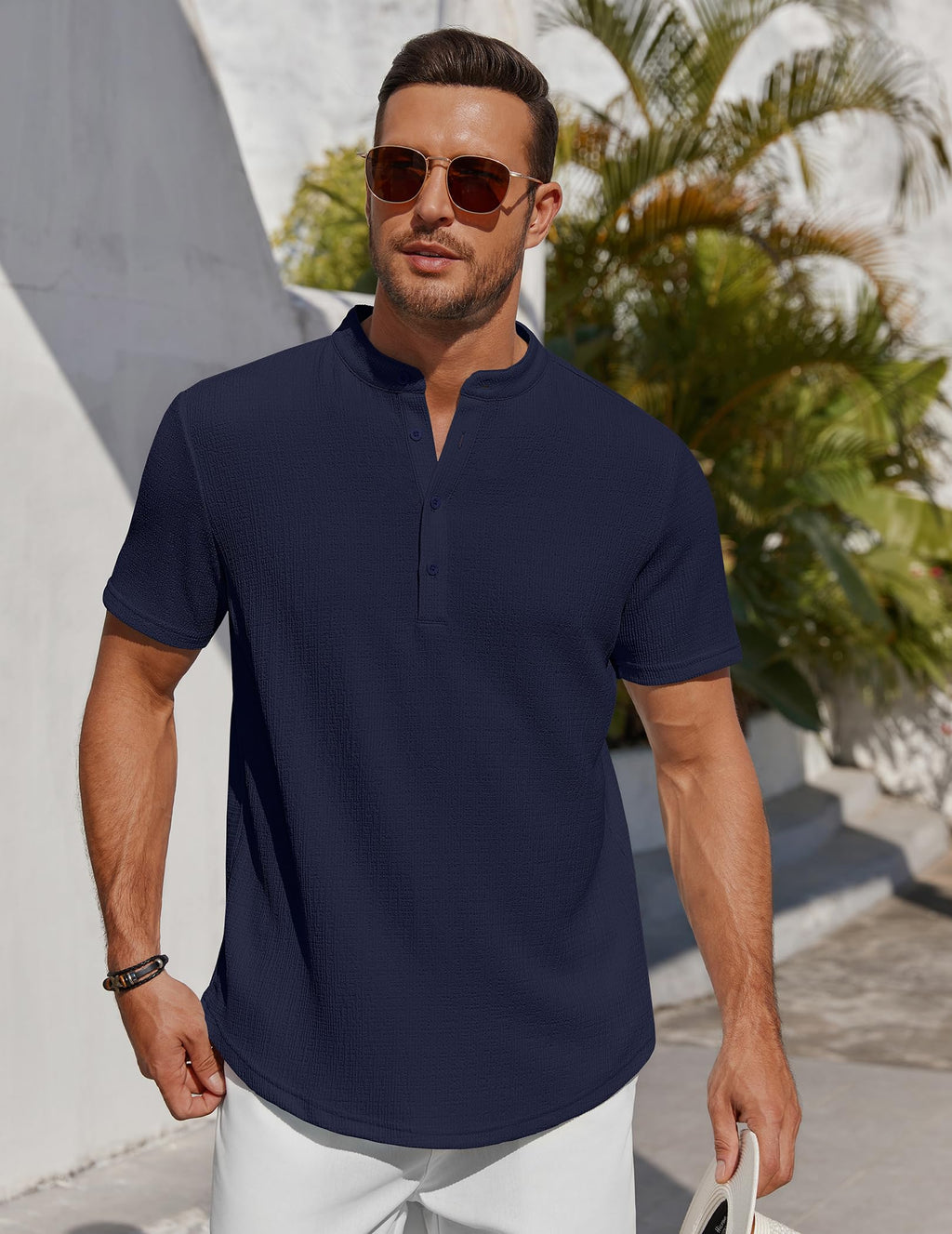 Men's Henley Shirt Short Sleeve Stand Collar Summer Casual Beach Hippie T-Shirts