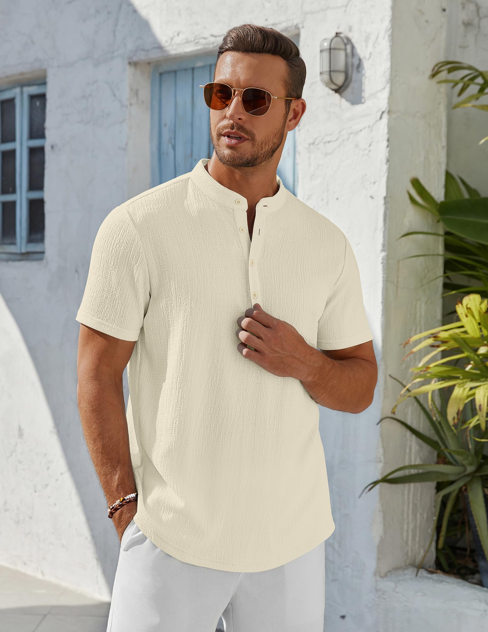 Men's Henley Shirt Short Sleeve Stand Collar Summer Casual Beach Hippie T-Shirts