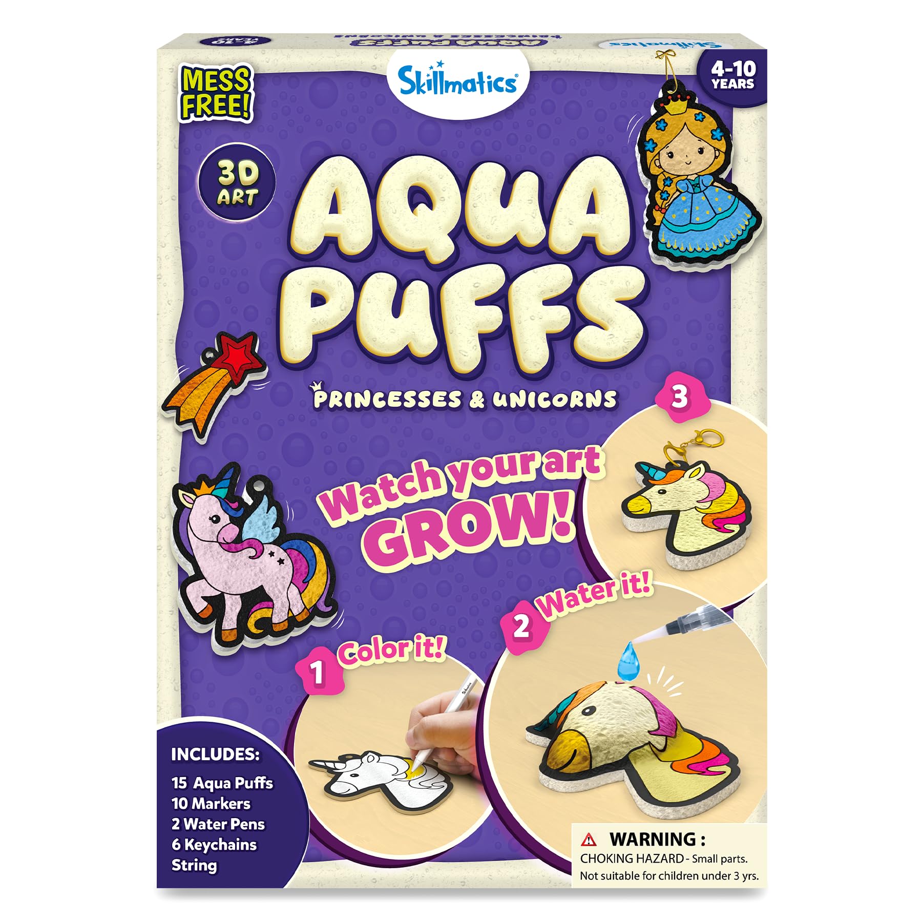 Skillmatics Aqua Puffs - 3D Art Kit, Princesses & Unicorns, Mess-Free Paint by Number Craft, DIY Color & Inflate Activity, Creative Gift for Girls & Boys Ages 4, 5, 6, 7, 8, 9, 10