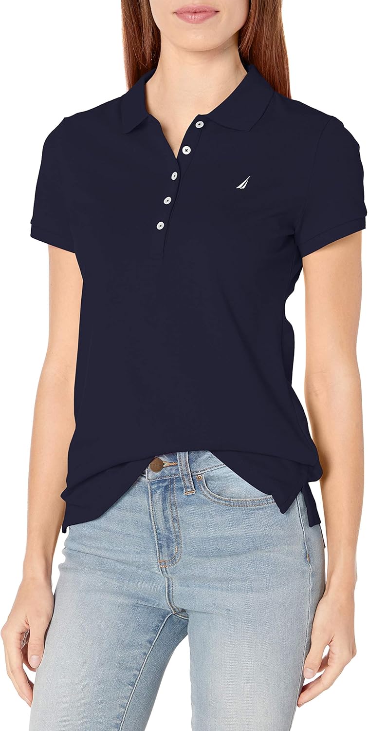 Nautica Women's 5-Button Short Sleeve Breathable 100% Cotton Polo Shirt